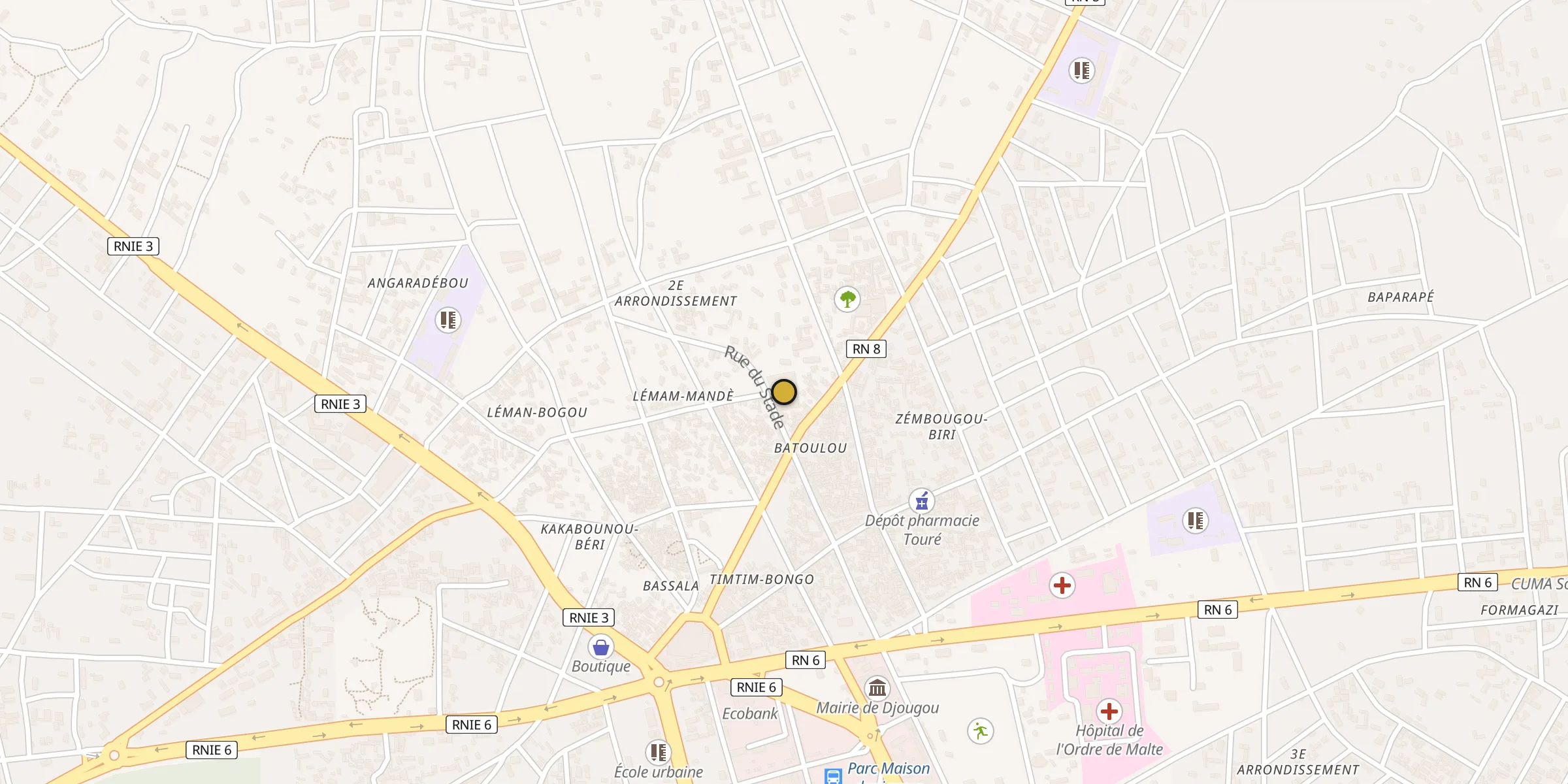 Plan des mosquées à Djougou : cliquez sur un point pour voir la fiche
