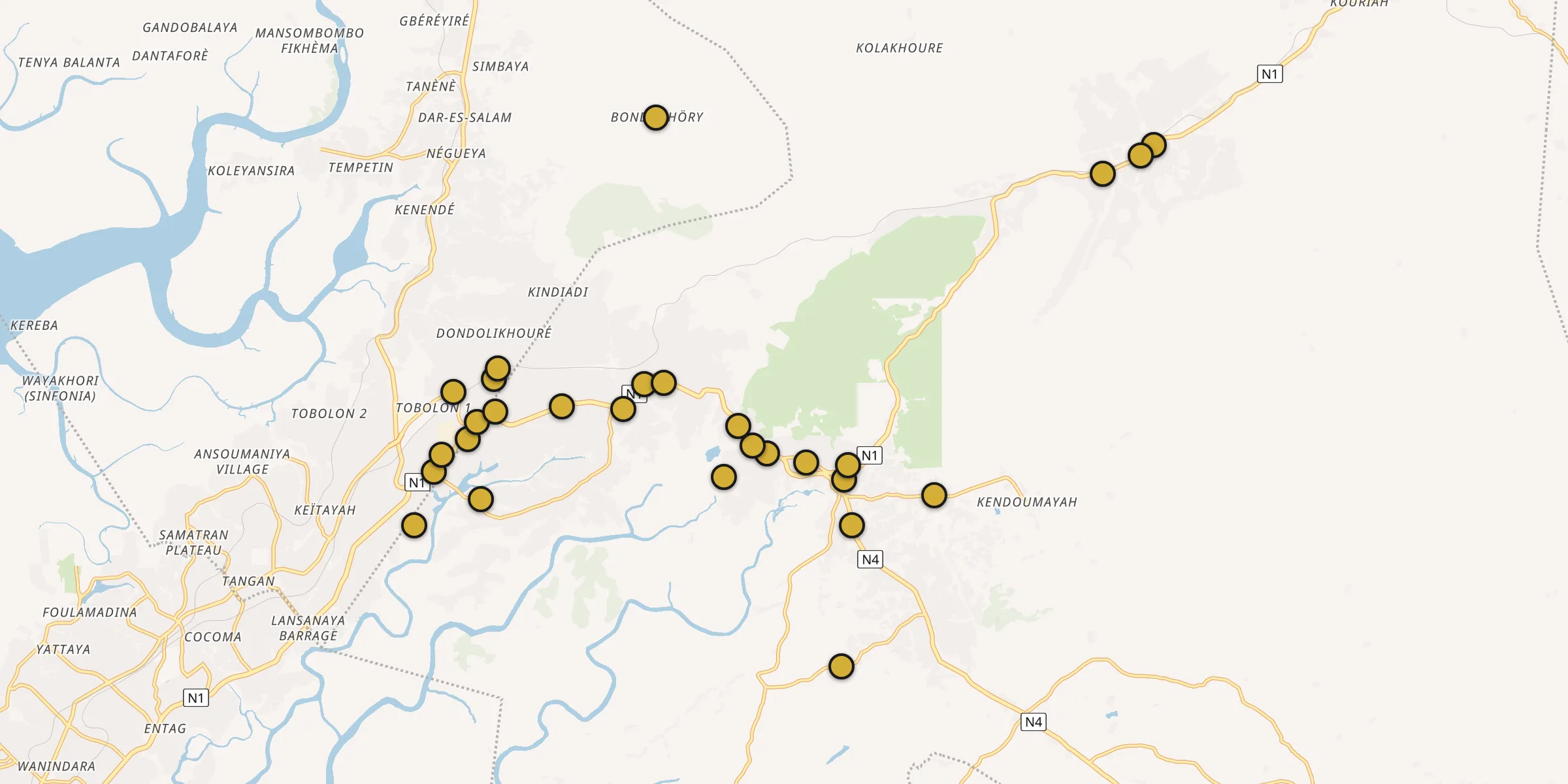 Plan des mosquées à Coyah : cliquez sur un point pour voir la fiche