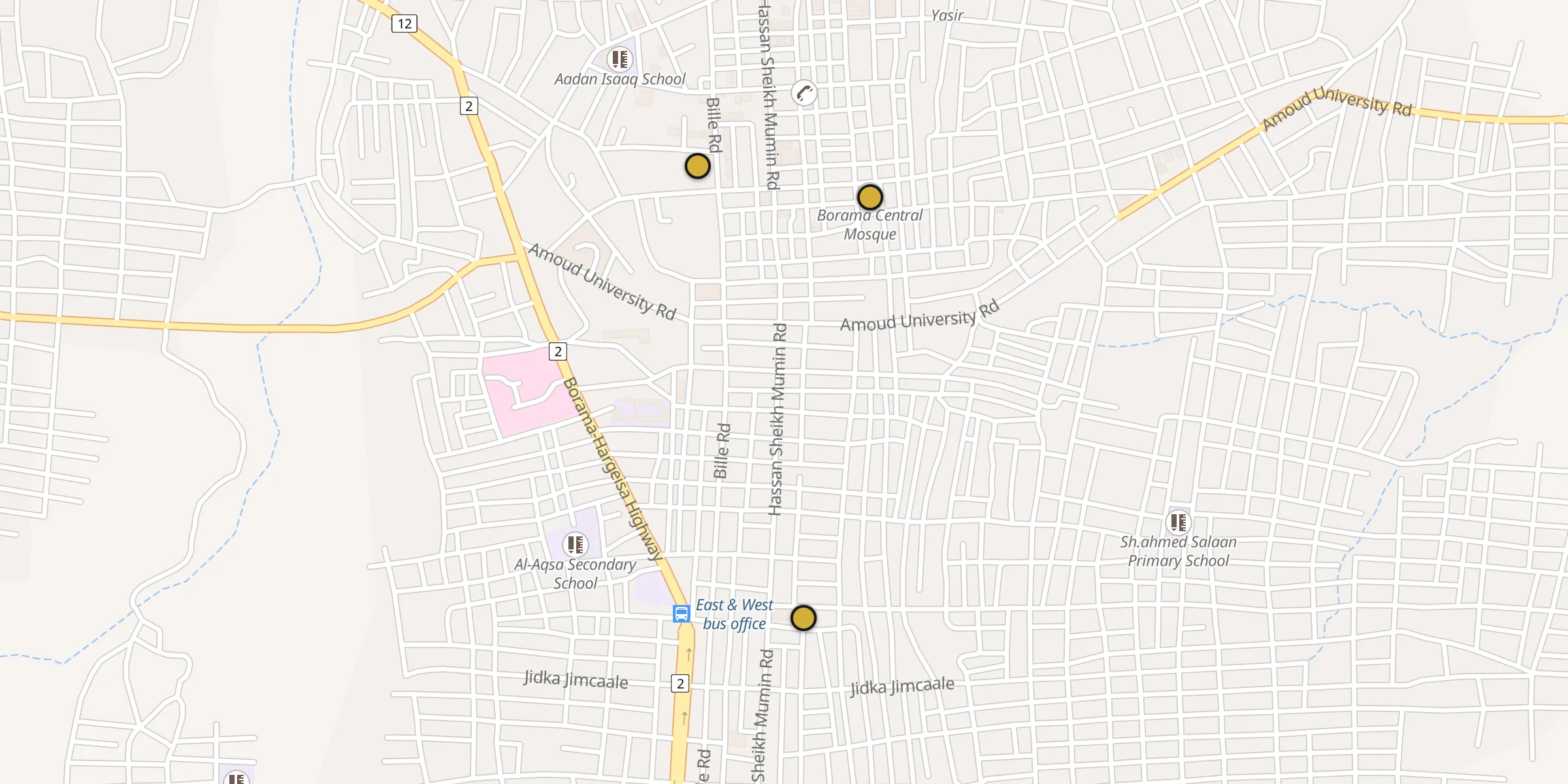 Plan des mosquées à Borama : cliquez sur un point pour voir la fiche