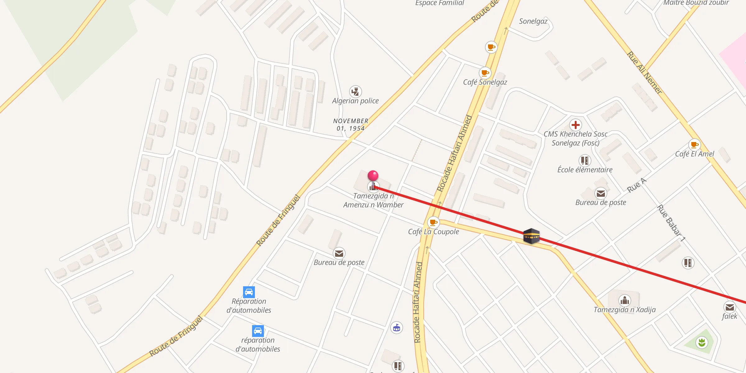 Carte de localisation : مسجد 1 نوفمبر ⵜⴰⵎⴻⵣⴳⵉⴷⴰ ⵏ ⴰⵎⴻⵏⵣⵓ ⵏ ⵡⴰⵎⴱⴻⵔ