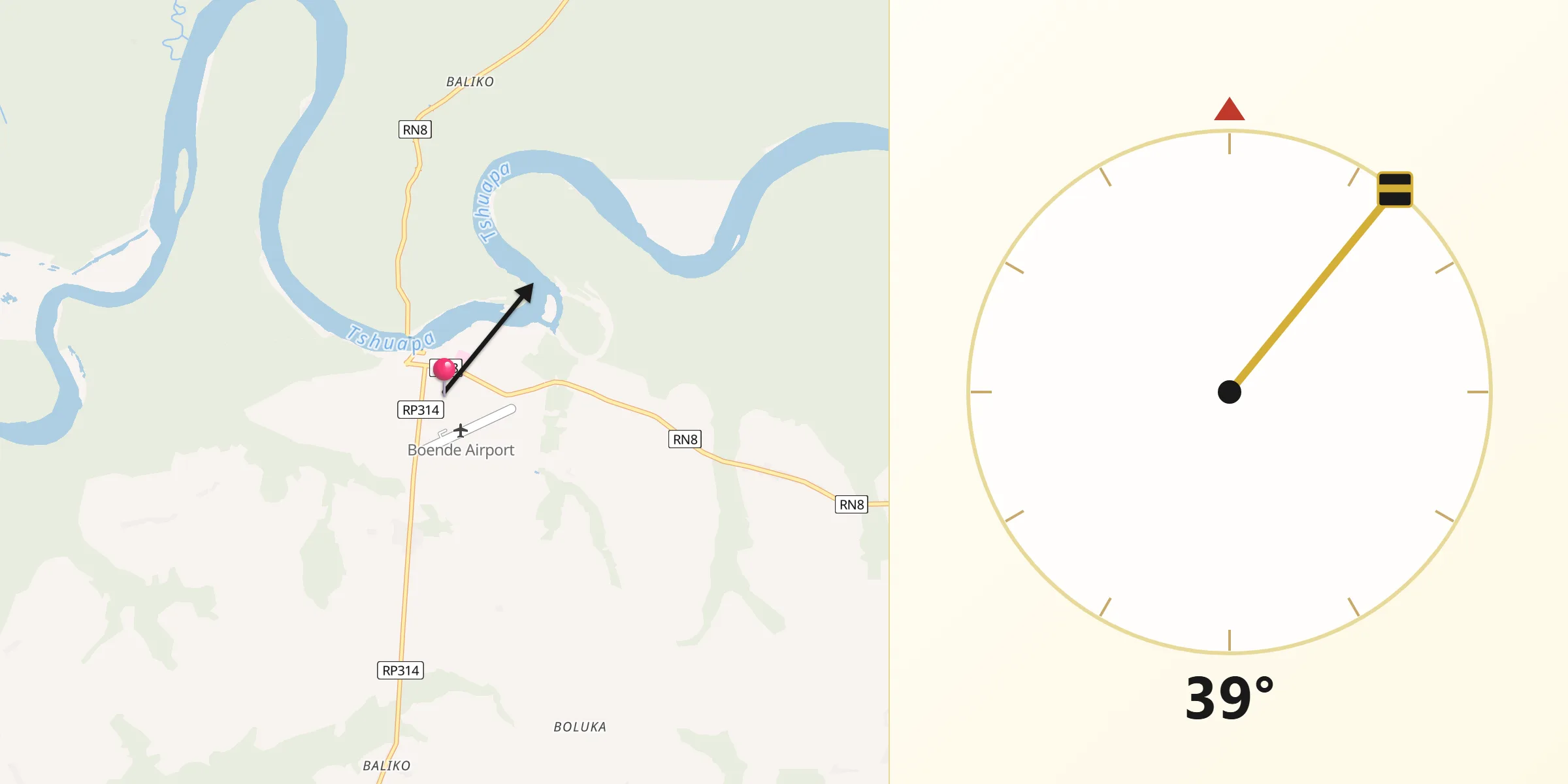 Direction vers la Qibla depuis Boende