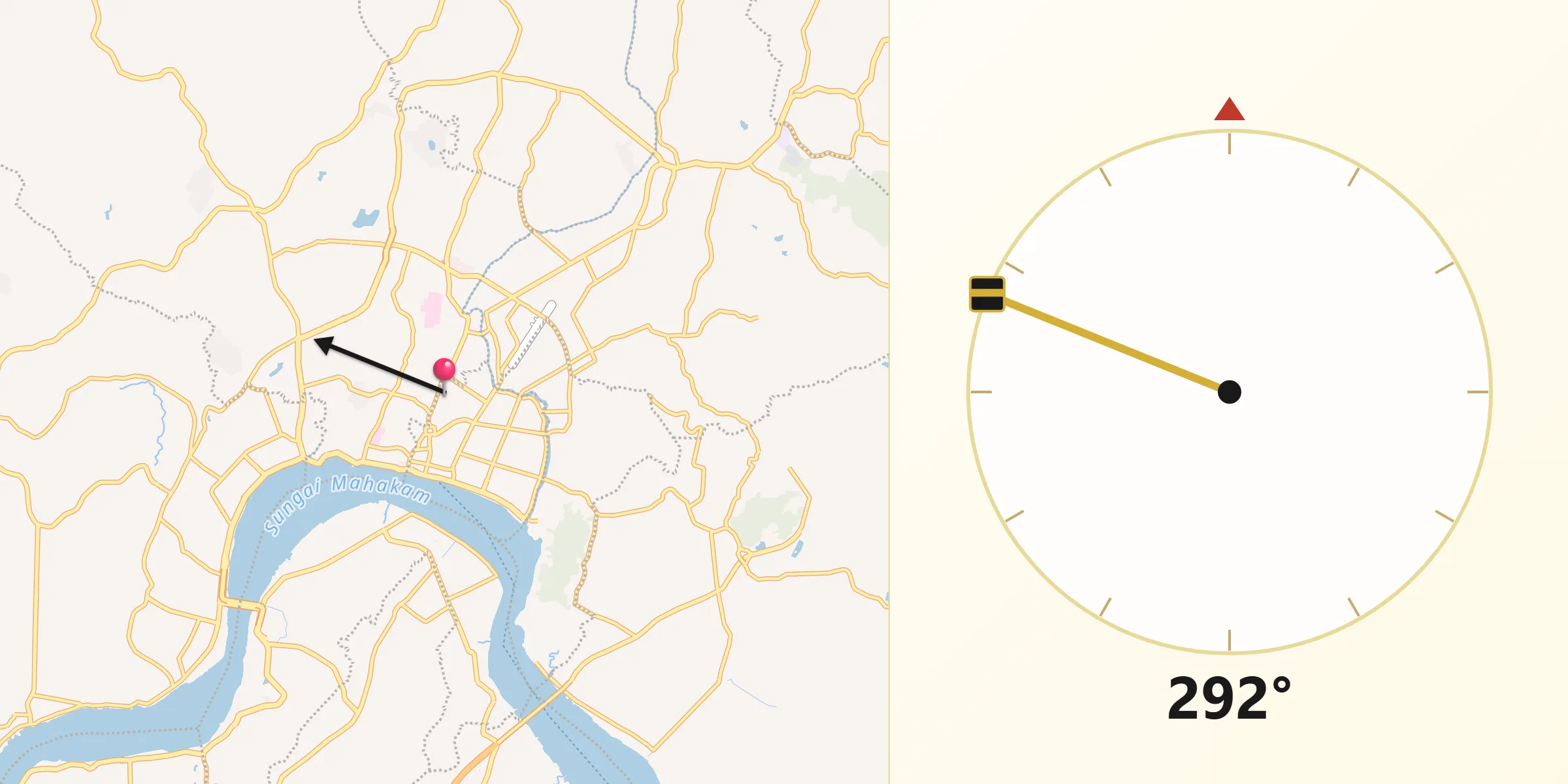 Direction vers la Qibla depuis Samarinda