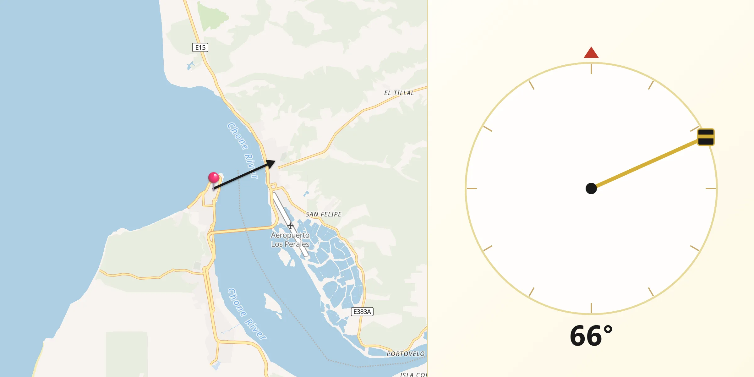 Dirección de la Qibla desde Bahía de Caráquez