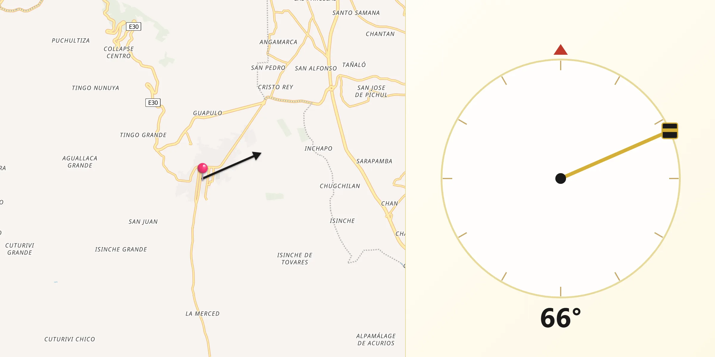 Dirección de la Qibla desde Pujilí