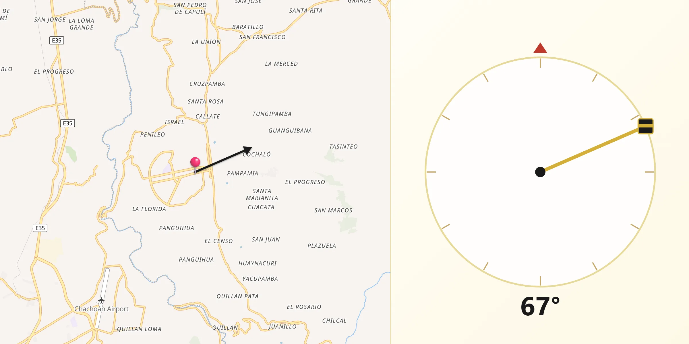 Dirección de la Qibla desde Píllaro