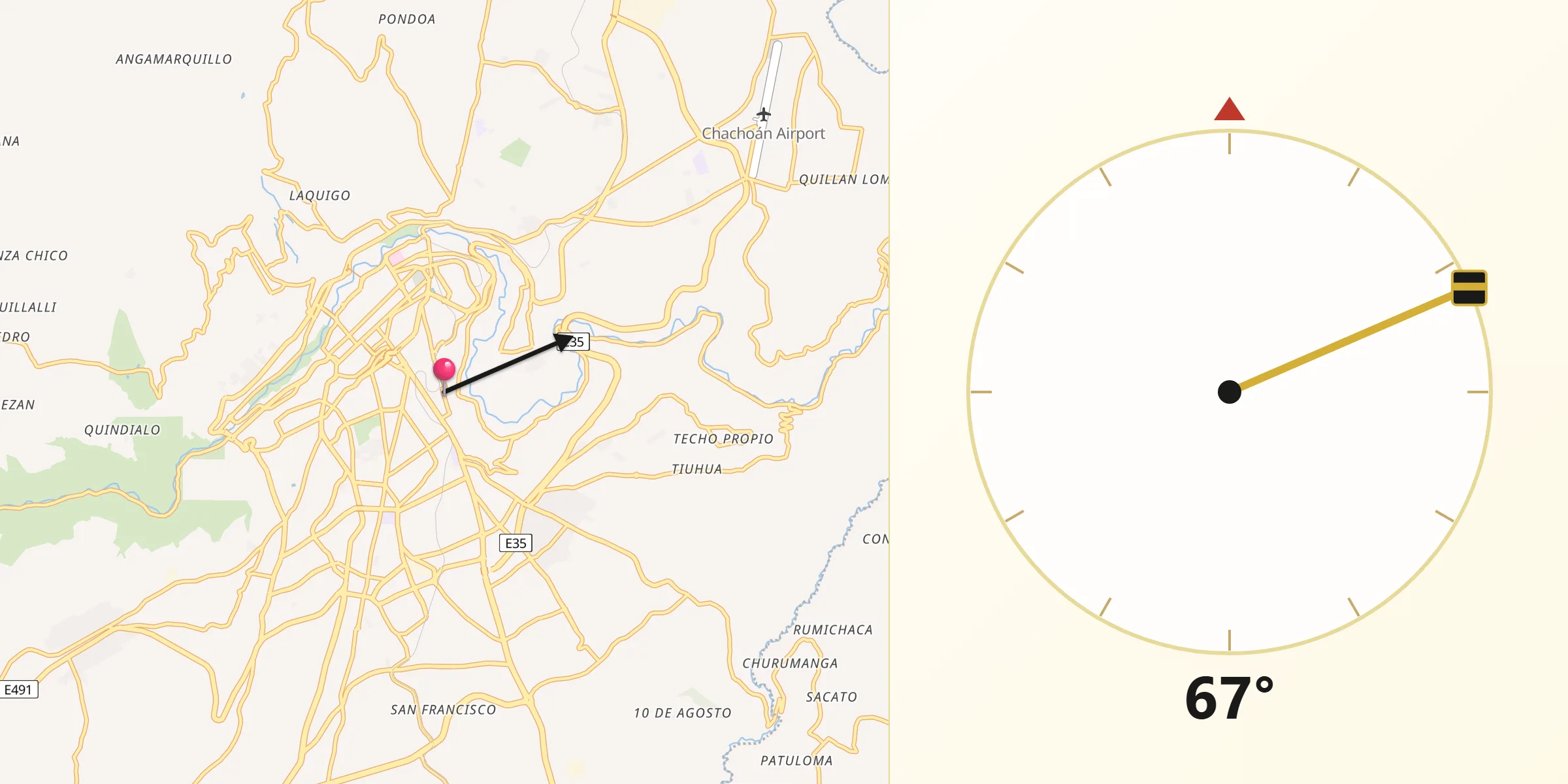 Dirección de la Qibla desde Ambato