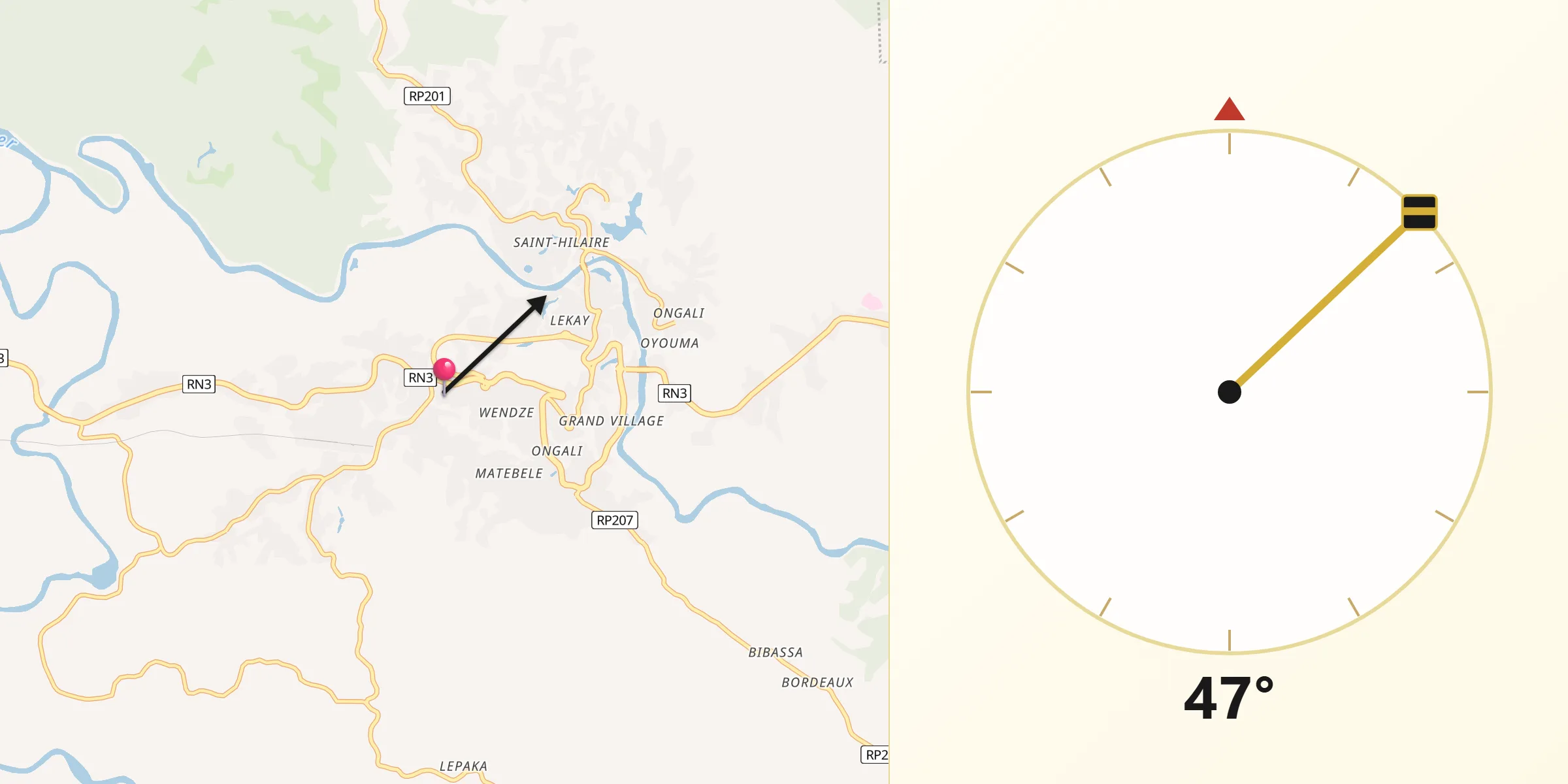 Direction vers la Qibla depuis Franceville