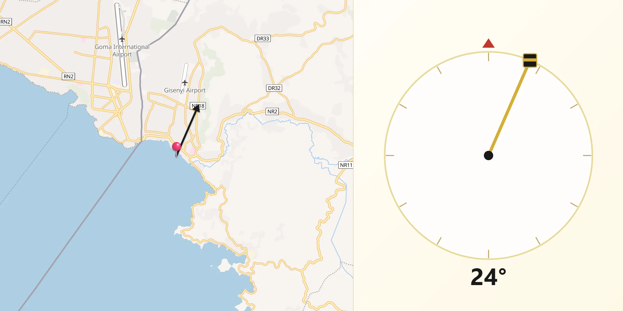 Direction vers la Qibla depuis Gisenyi