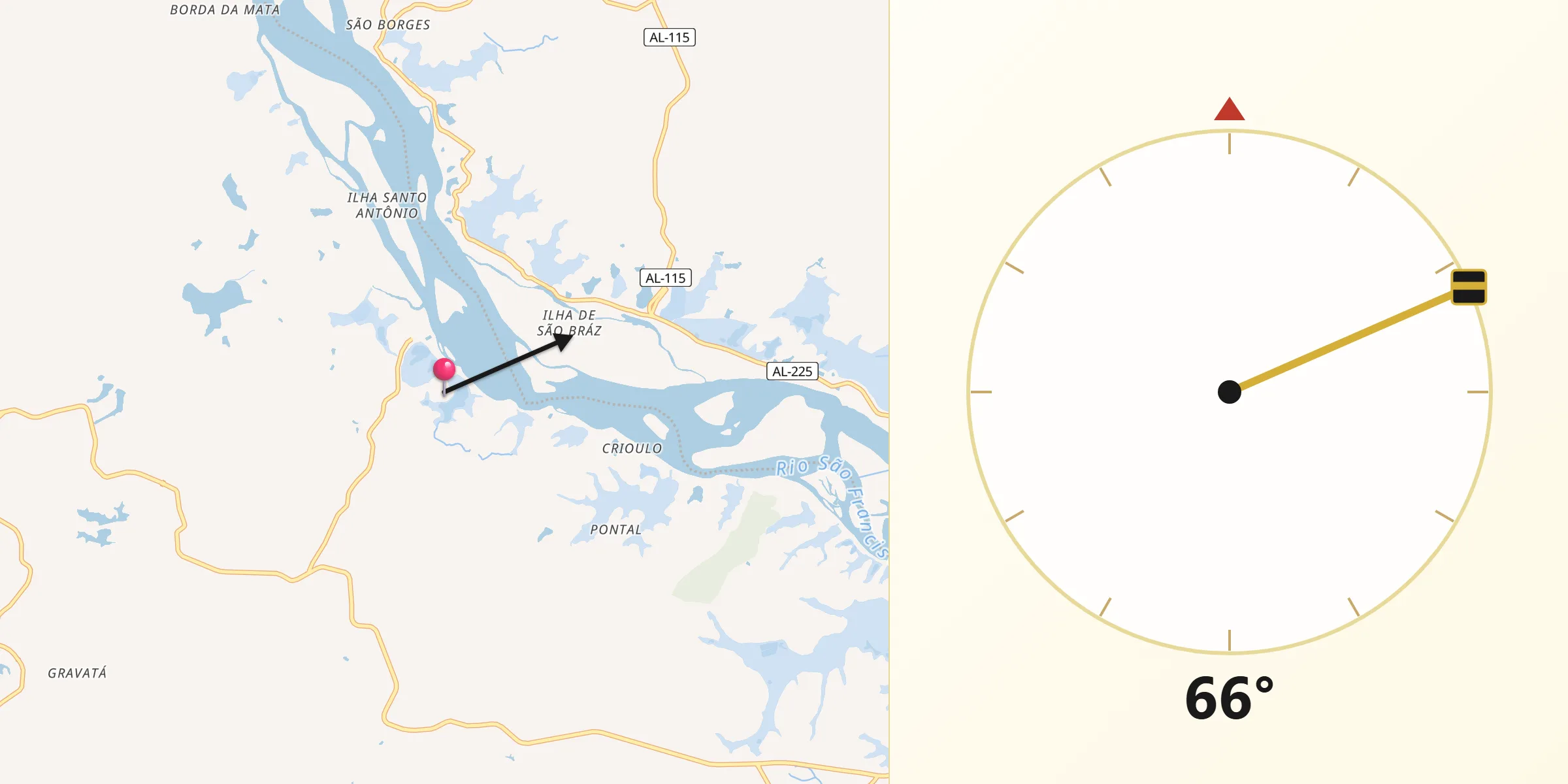 Direção da Qibla a partir de Amparo de São Francisco