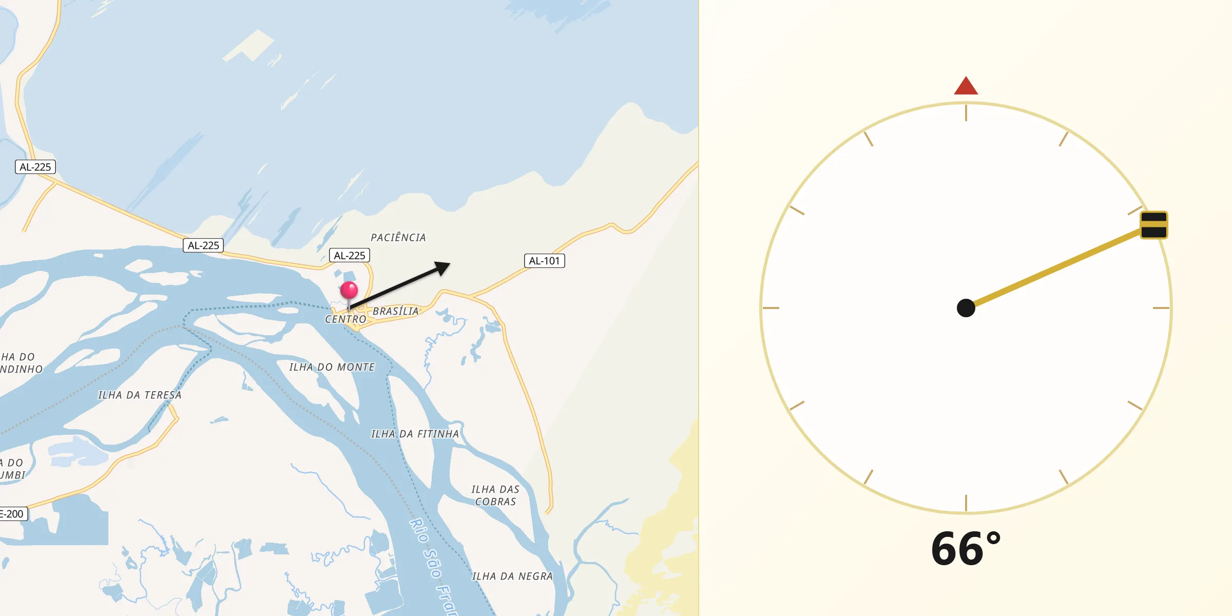 Direção da Qibla a partir de Piaçabuçu