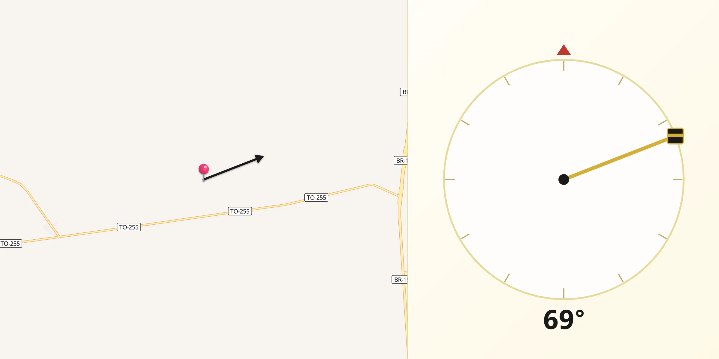 Direção da Qibla a partir de Nova Rosalândia
