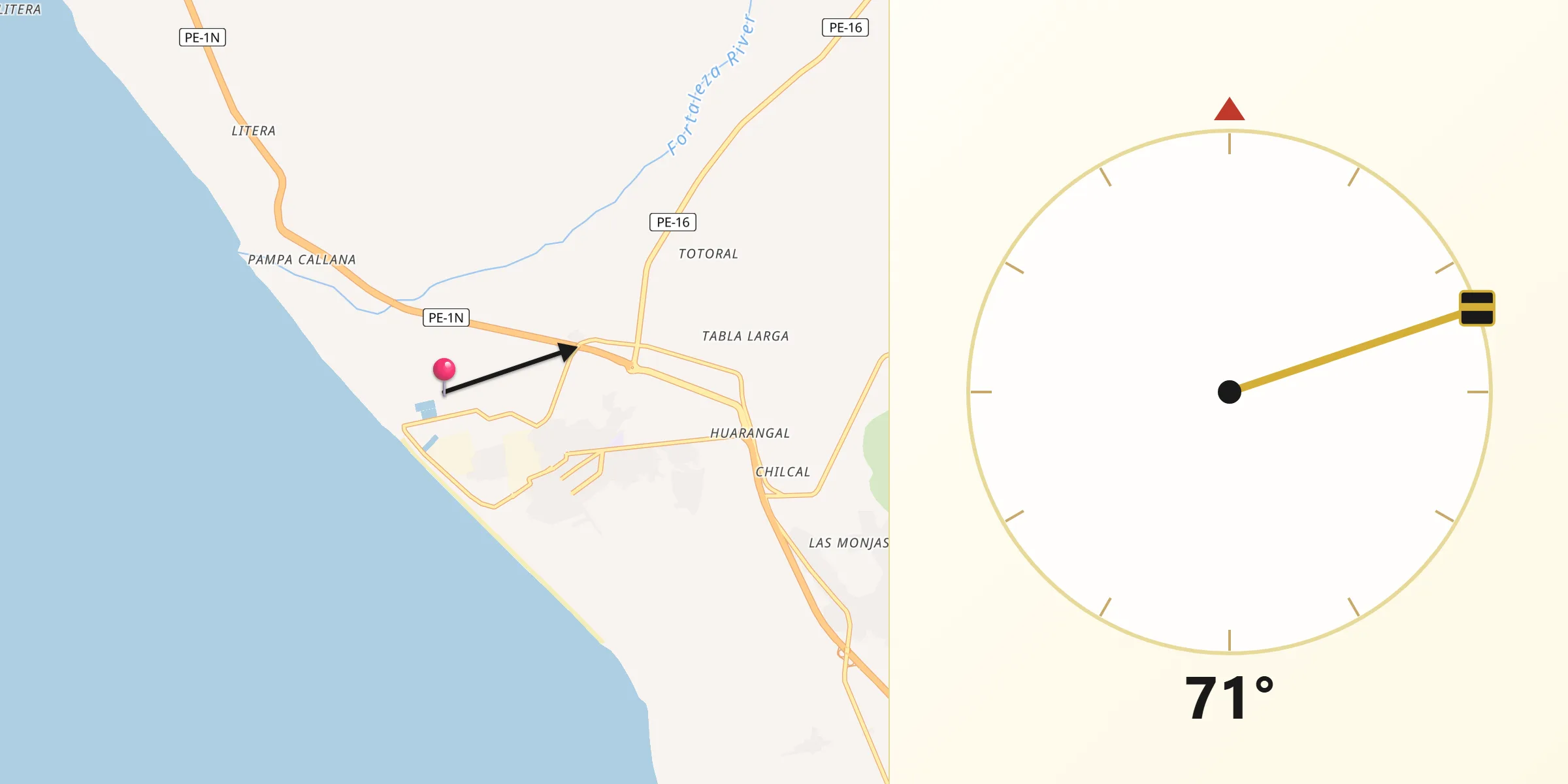 Dirección de la Qibla desde Paramonga