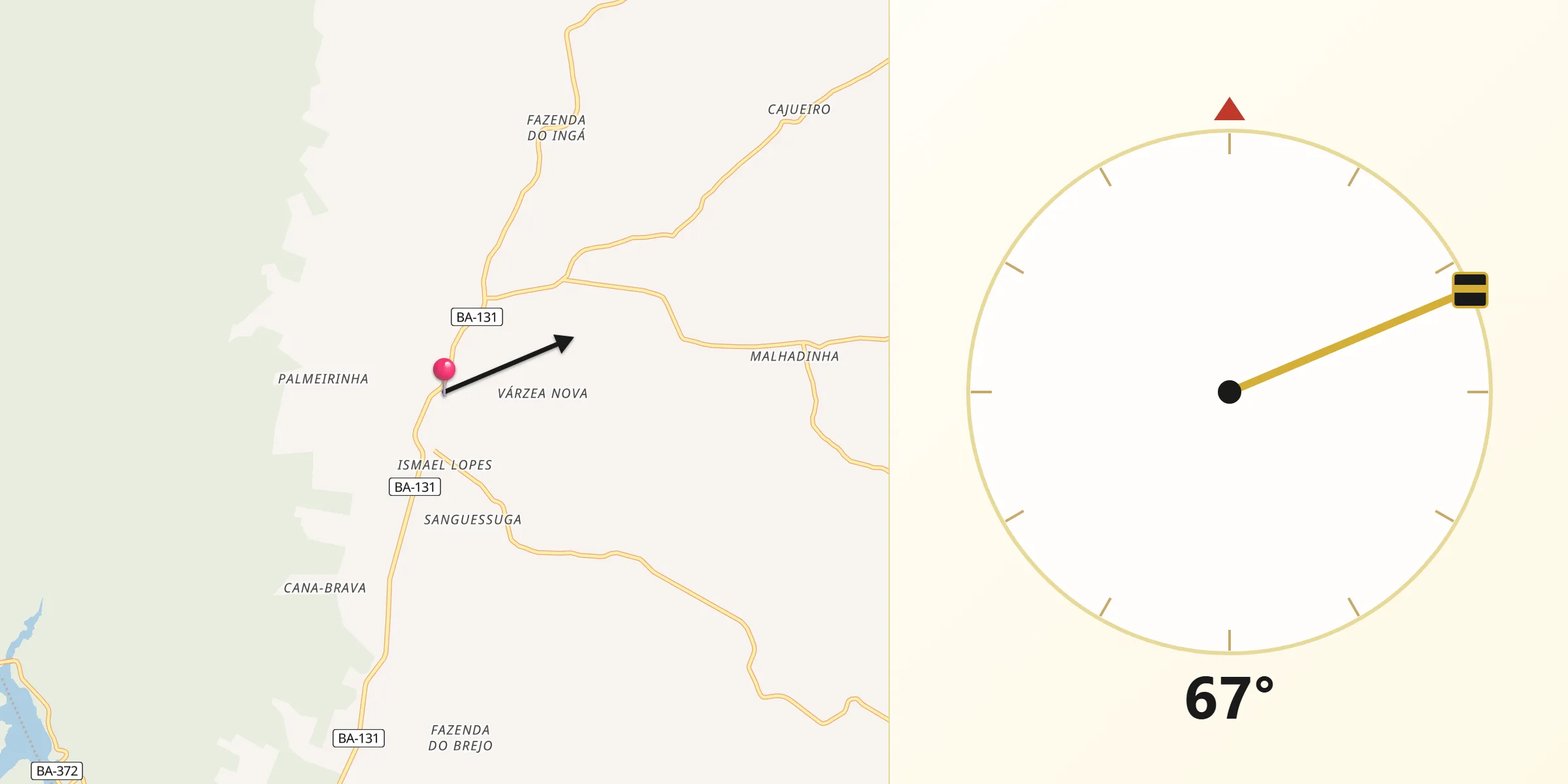 Direção da Qibla a partir de Pindobaçu