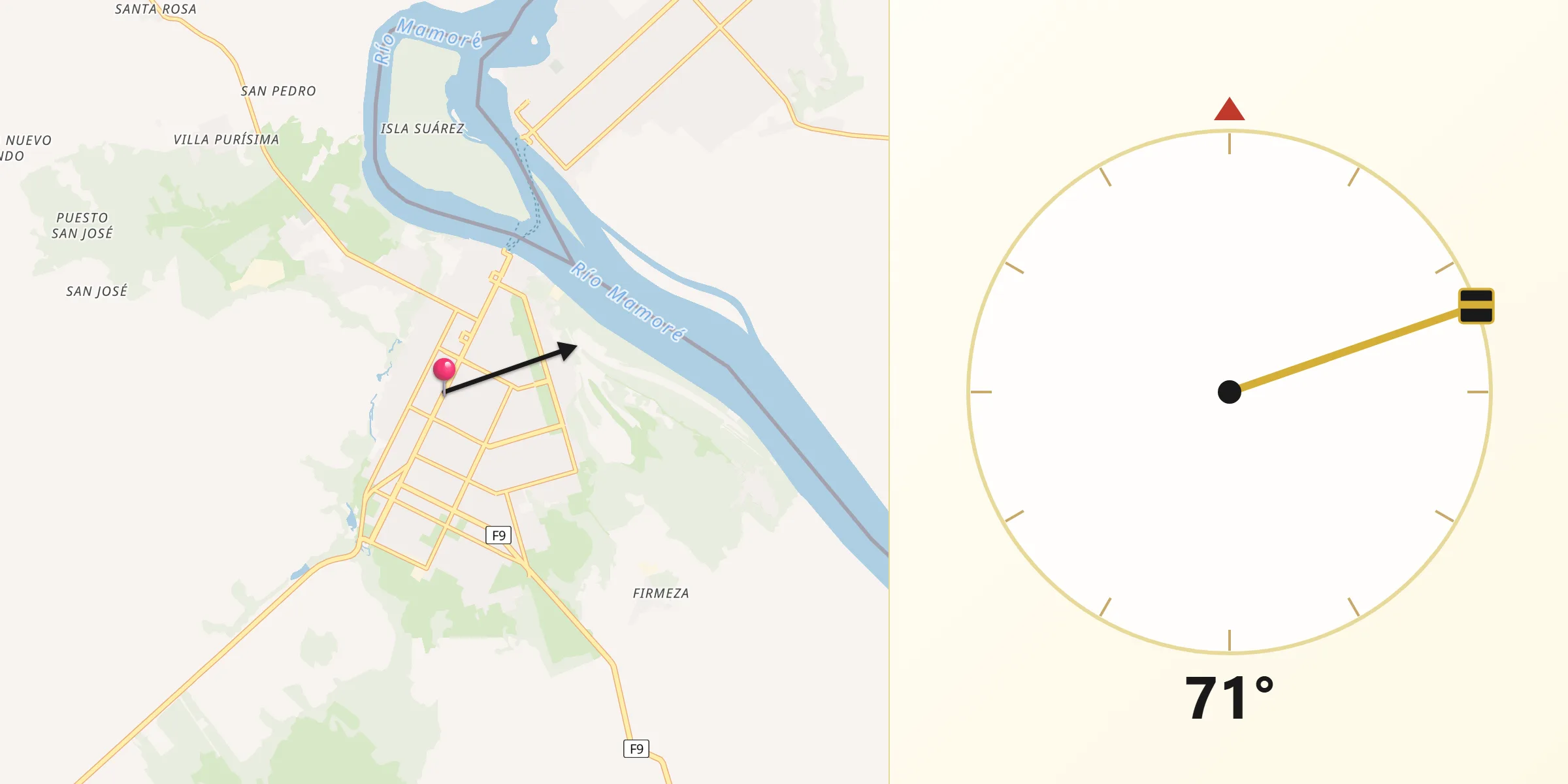 Dirección de la Qibla desde Guayaramerín