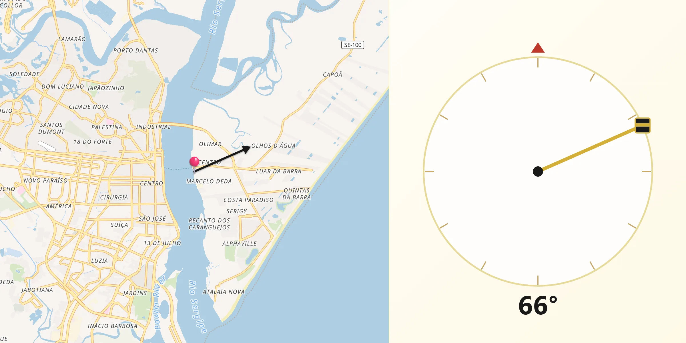 Direção da Qibla a partir de Barra dos Coqueiros
