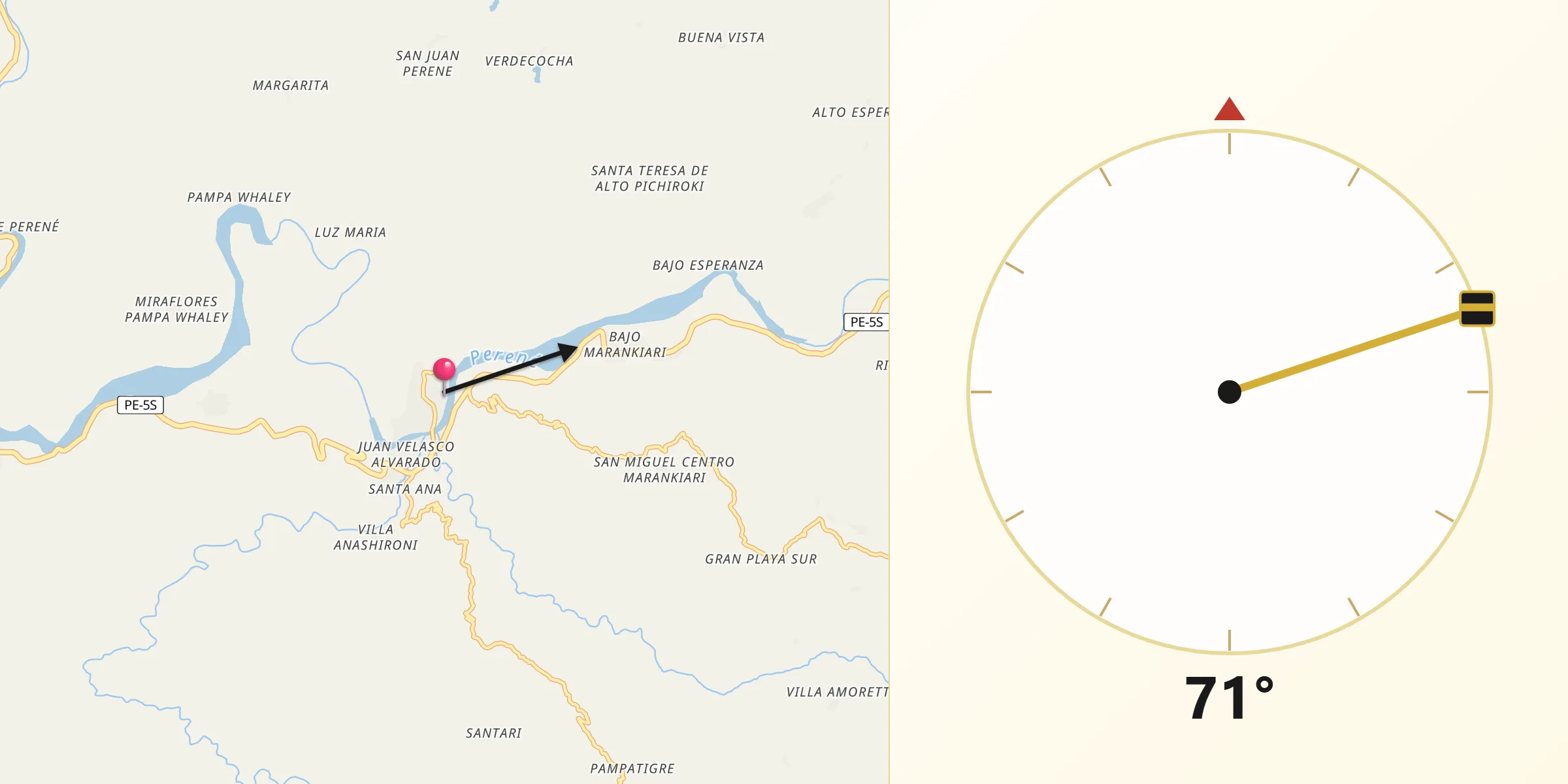 Dirección de la Qibla desde Perené