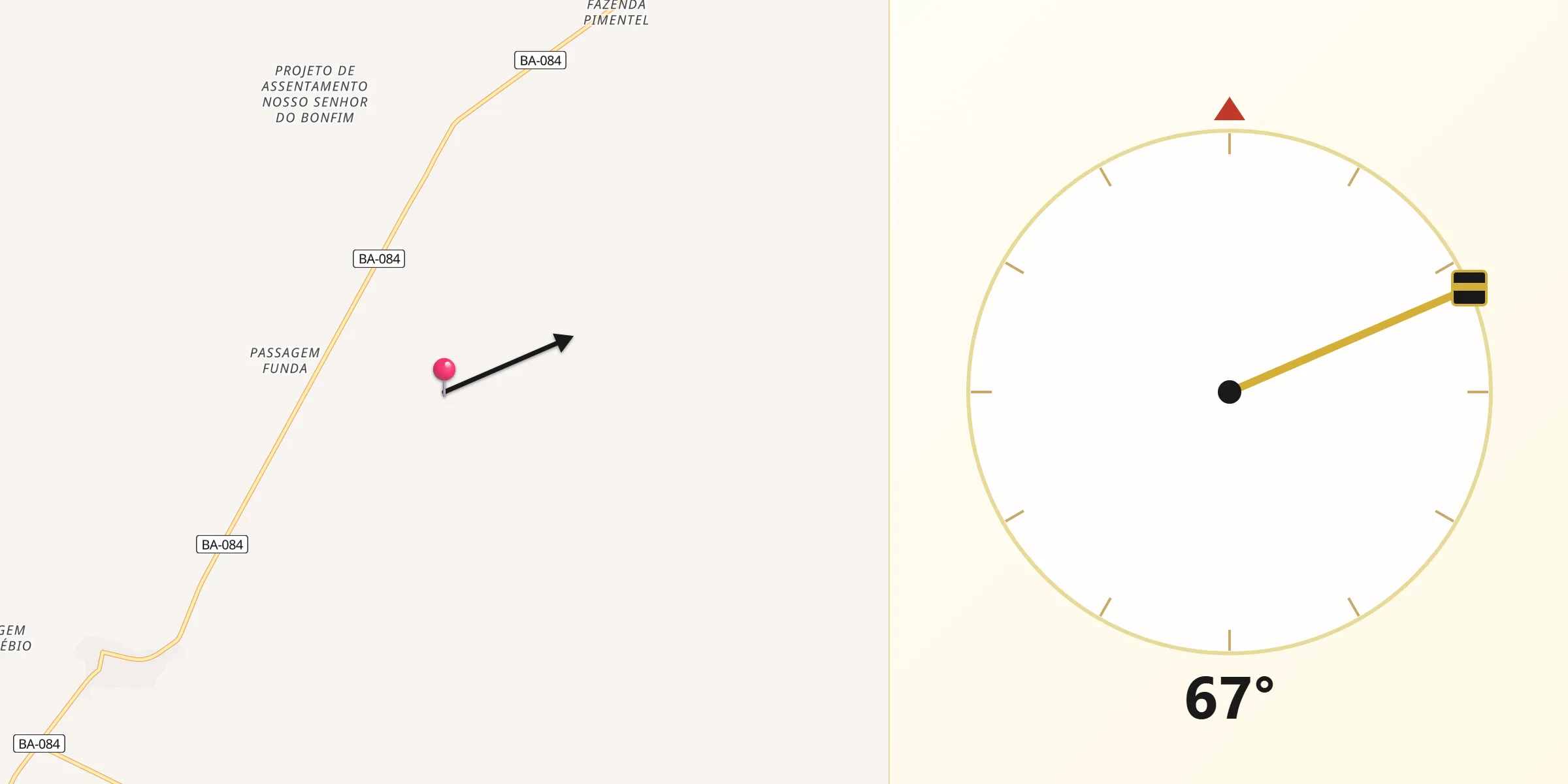 Direção da Qibla a partir de Ribeira do Amparo