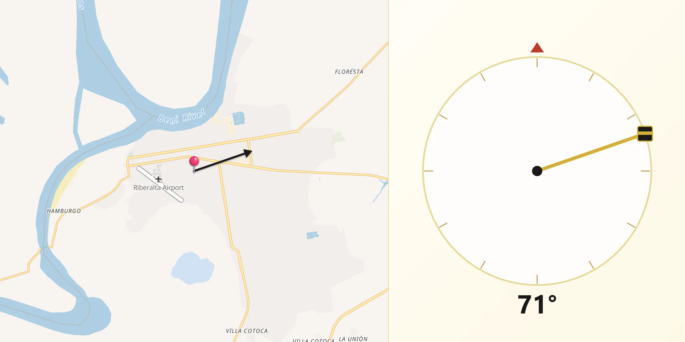 Dirección de la Qibla desde Riberalta
