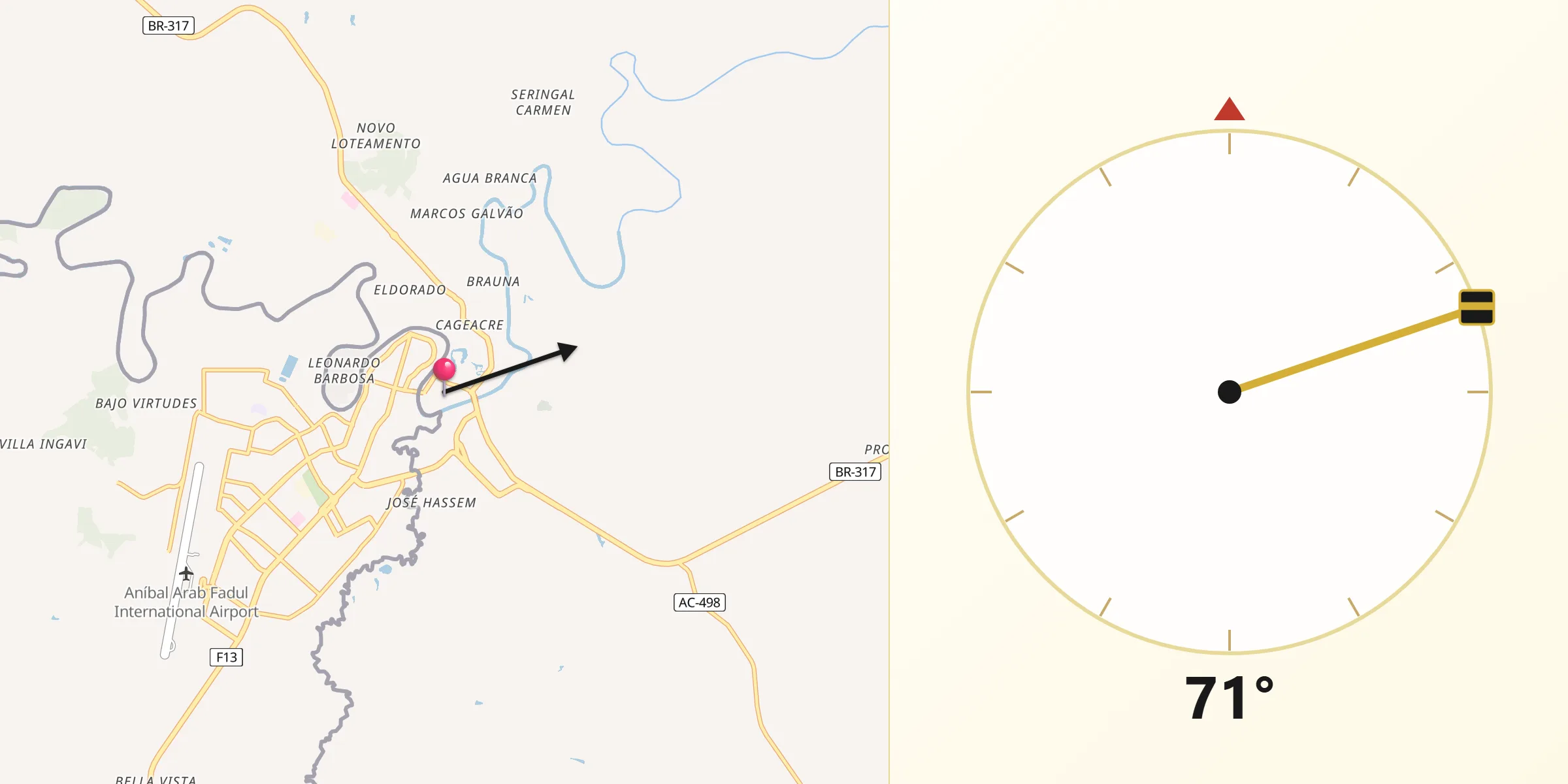 Direção da Qibla a partir de Brasiléia