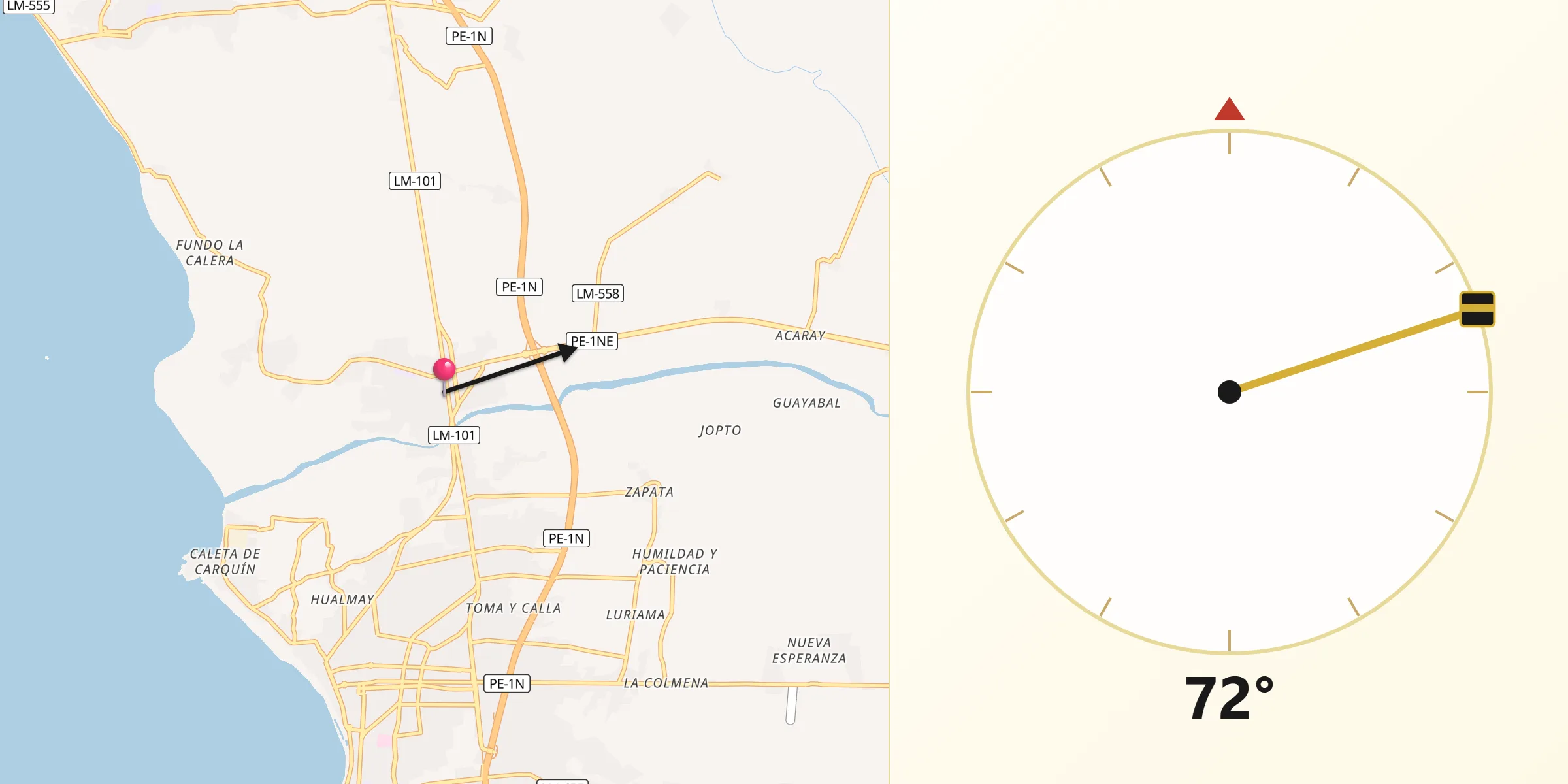 Dirección de la Qibla desde Huaura