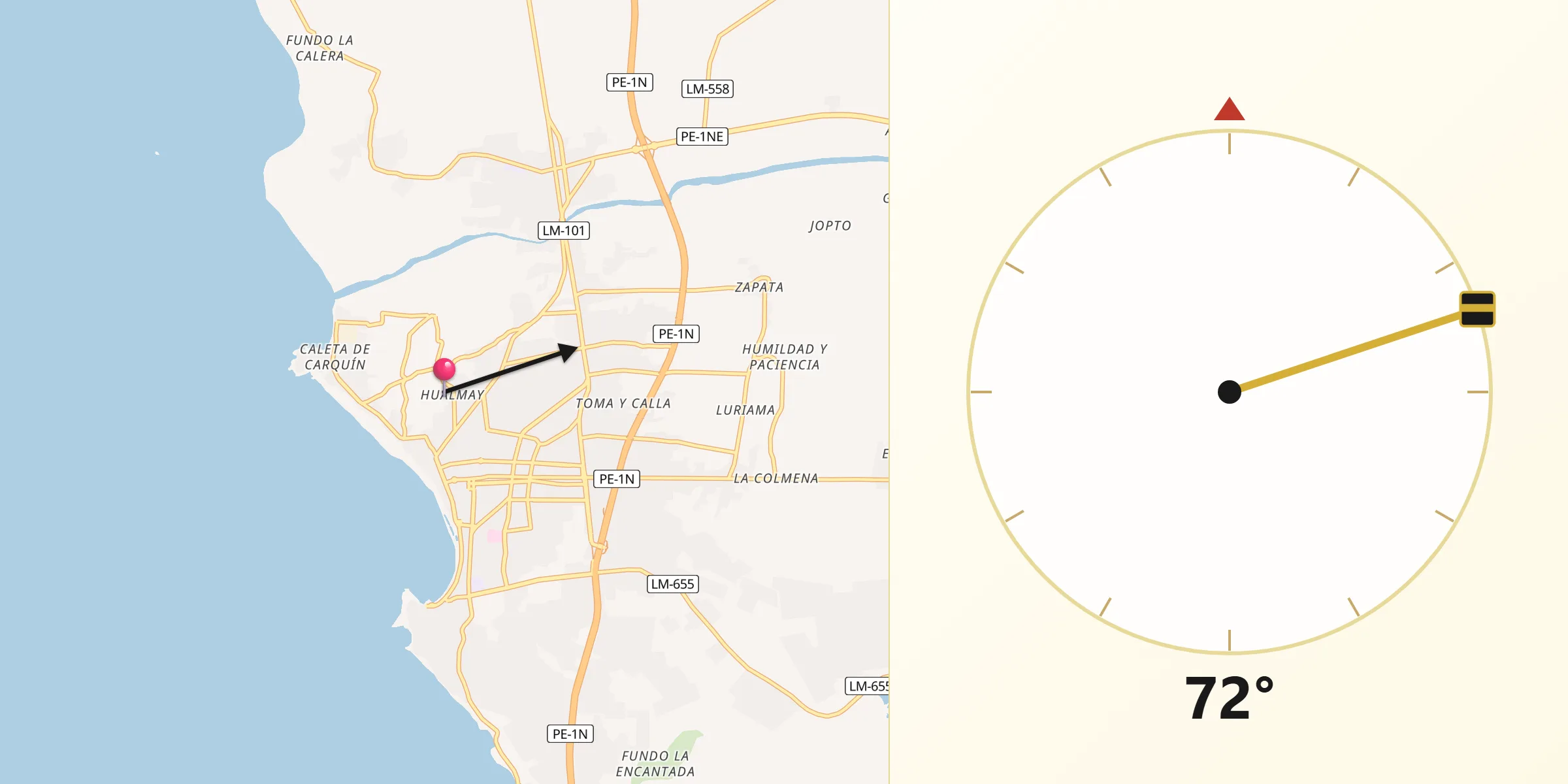 Dirección de la Qibla desde Hualmay