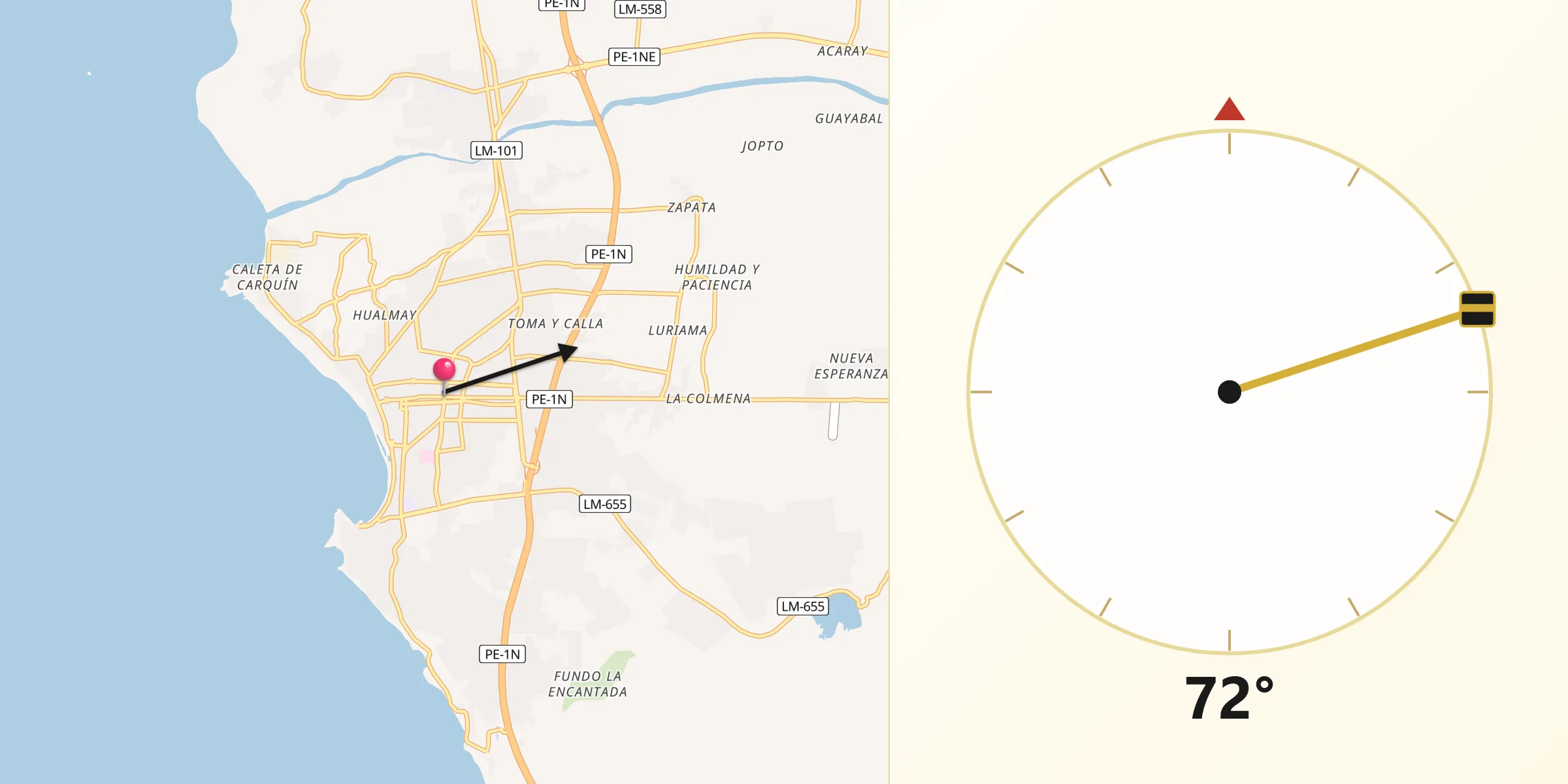 Dirección de la Qibla desde Huacho