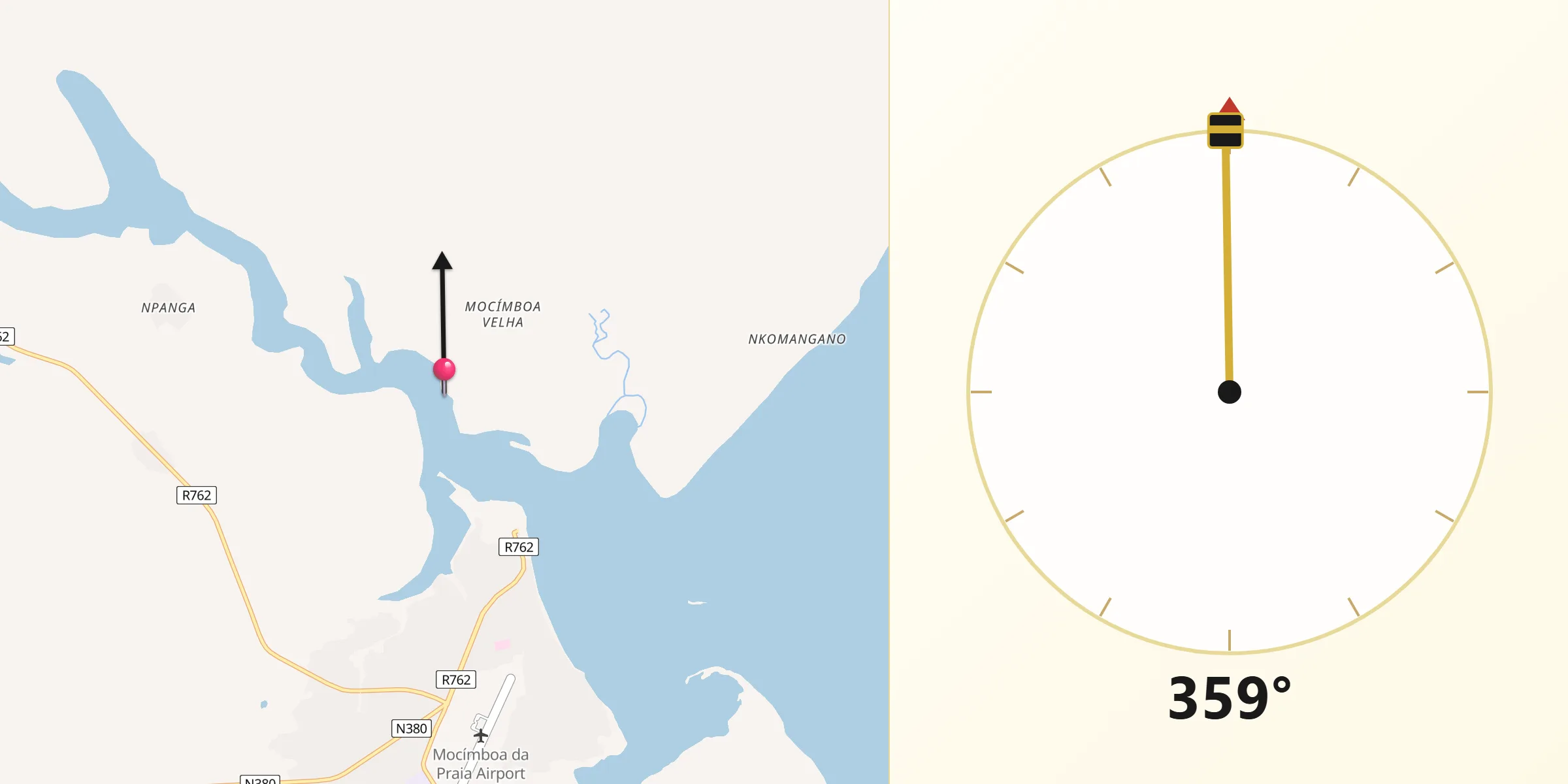 Direção da Qibla a partir de Mocímboa