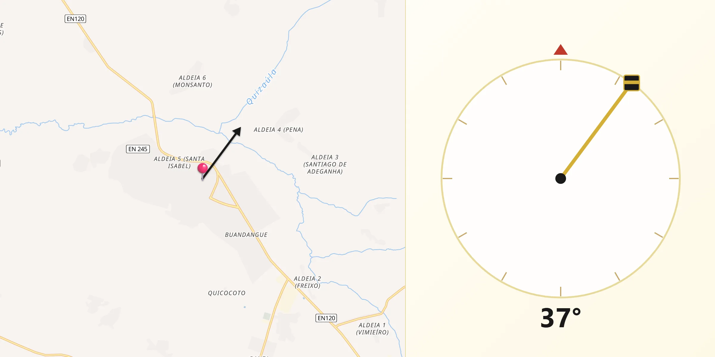 Direção da Qibla a partir de Uacu Cungo