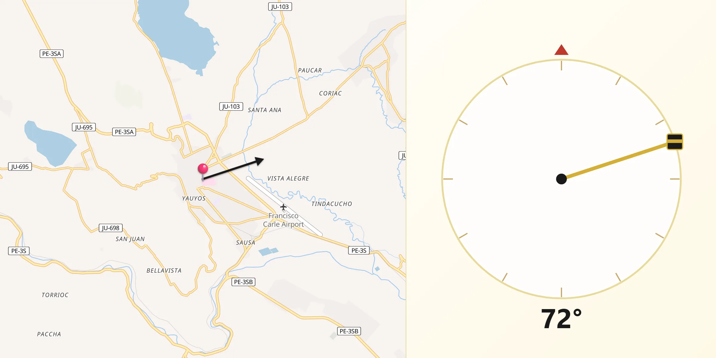 Dirección de la Qibla desde Jauja