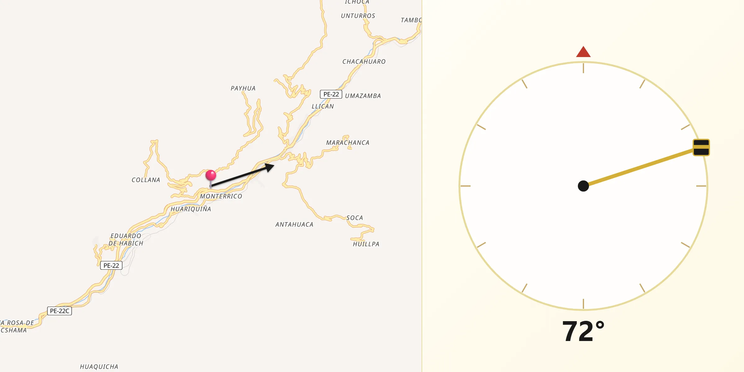 Dirección de la Qibla desde Matucana