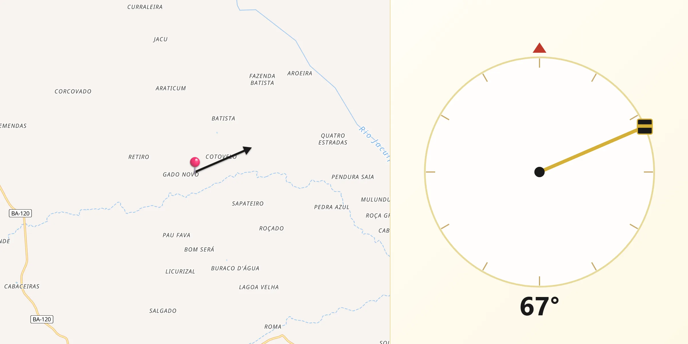 Direção da Qibla a partir de Serra Preta