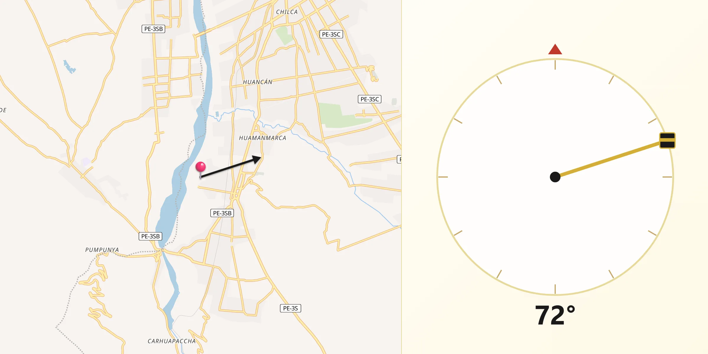 Dirección de la Qibla desde Huayucachi