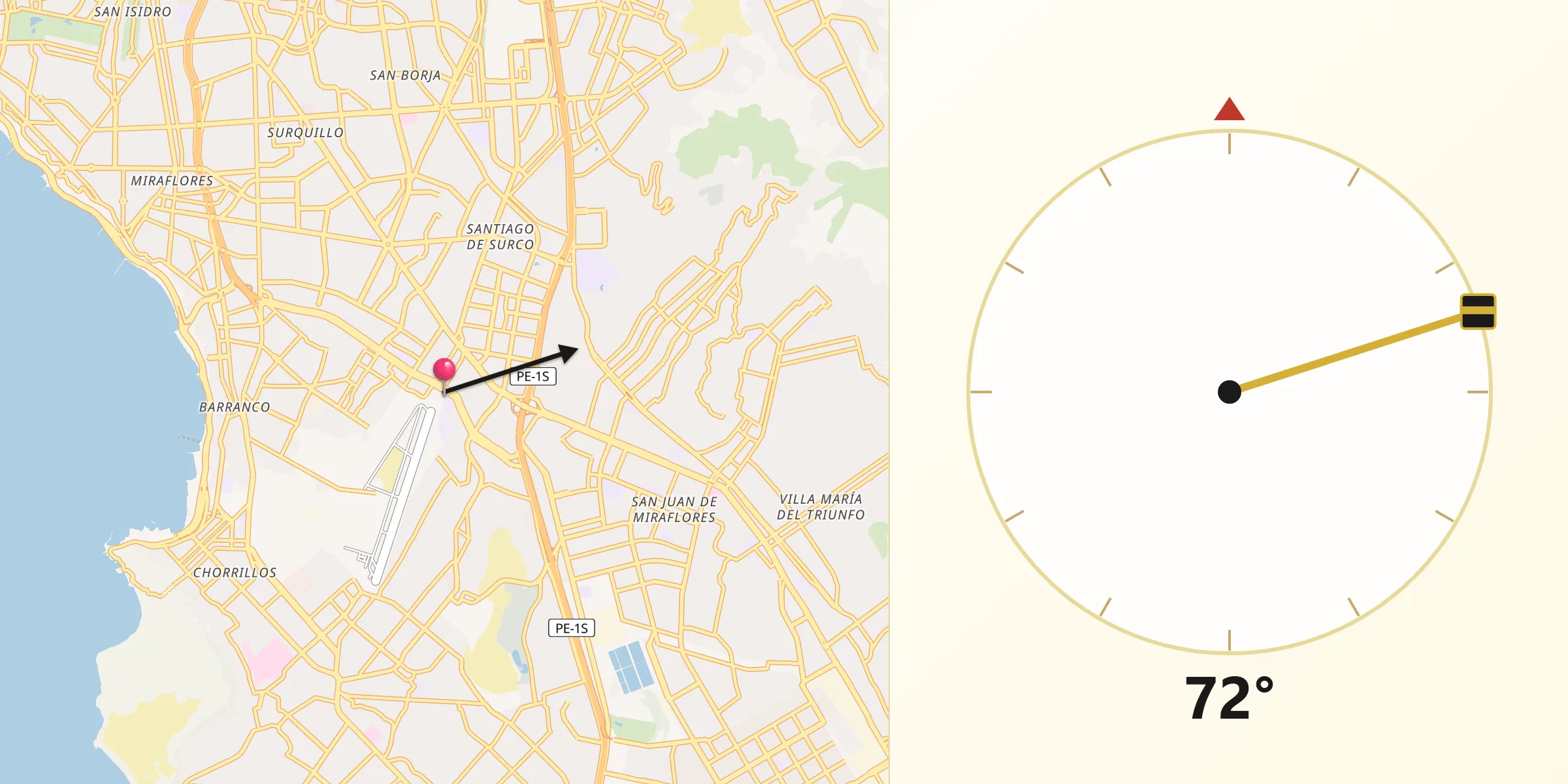 Dirección de la Qibla desde Santiago de Surco