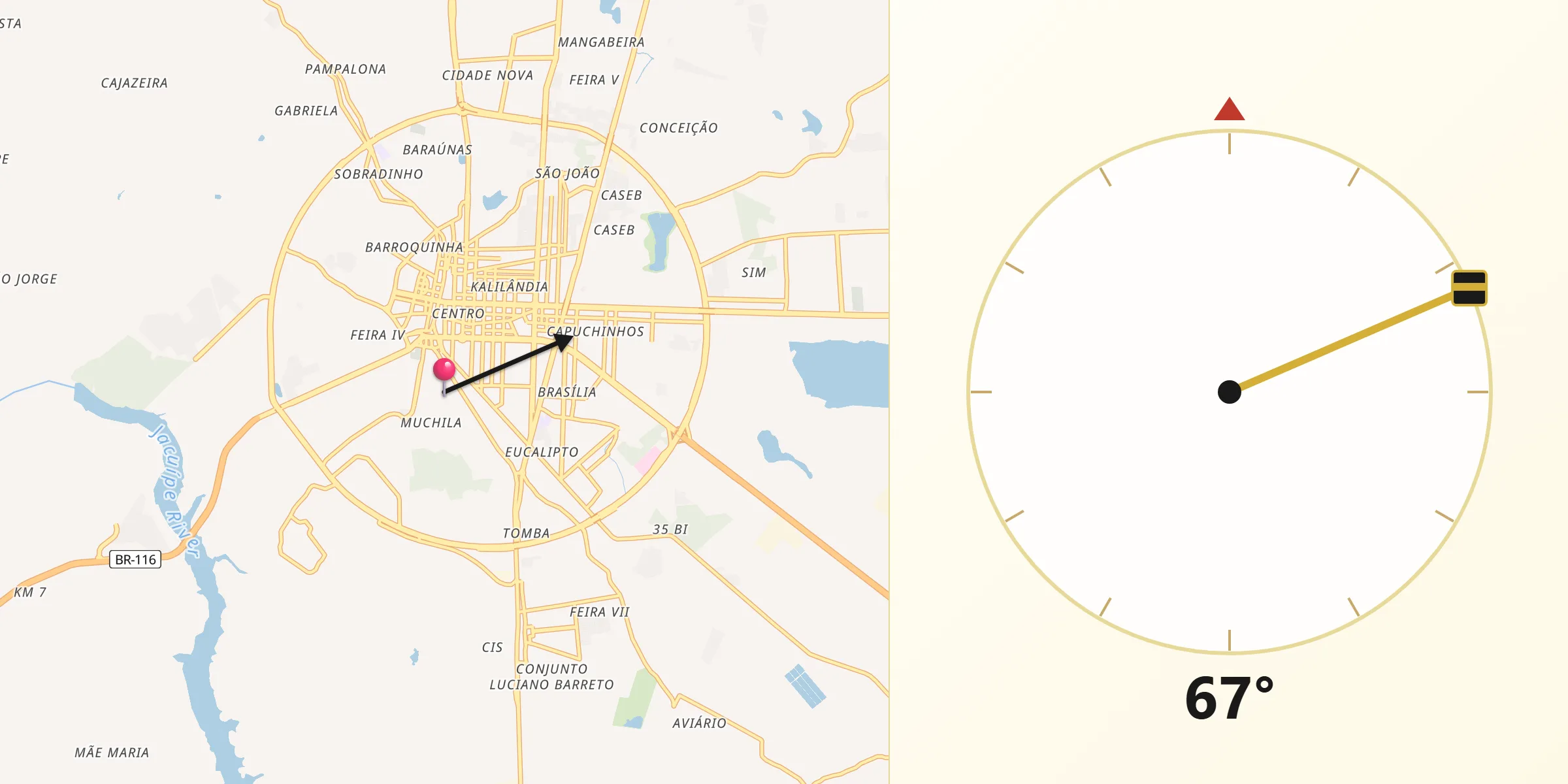 Direção da Qibla a partir de Feira de Santana