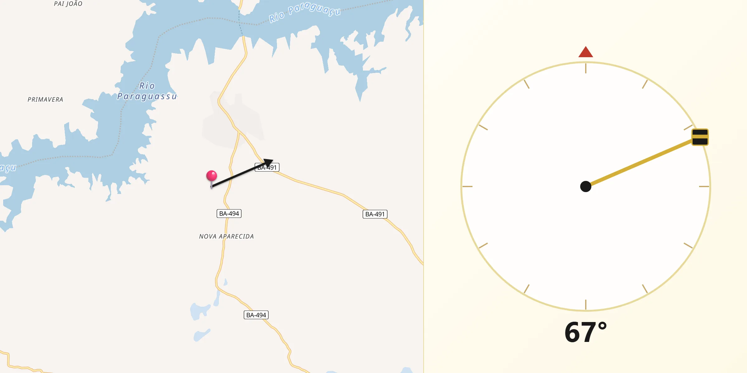Direção da Qibla a partir de Cabaceiras do Paraguaçu