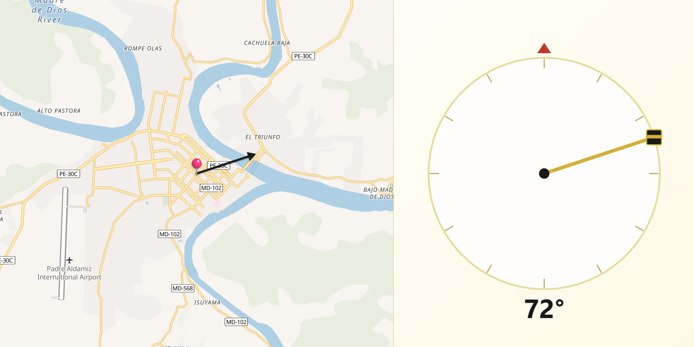 Dirección de la Qibla desde Puerto Maldonado