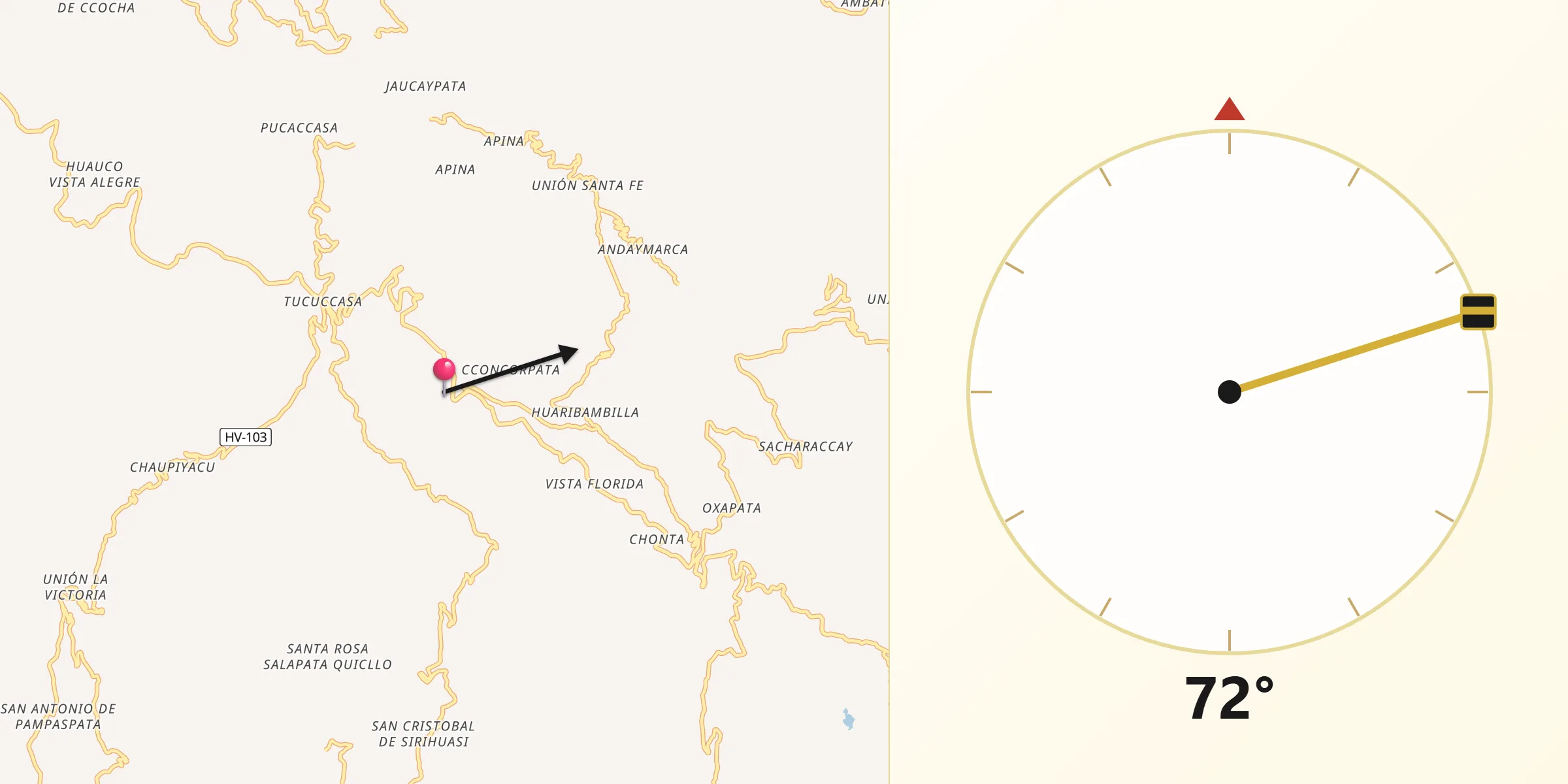 Dirección de la Qibla desde Provincia de Churcampa