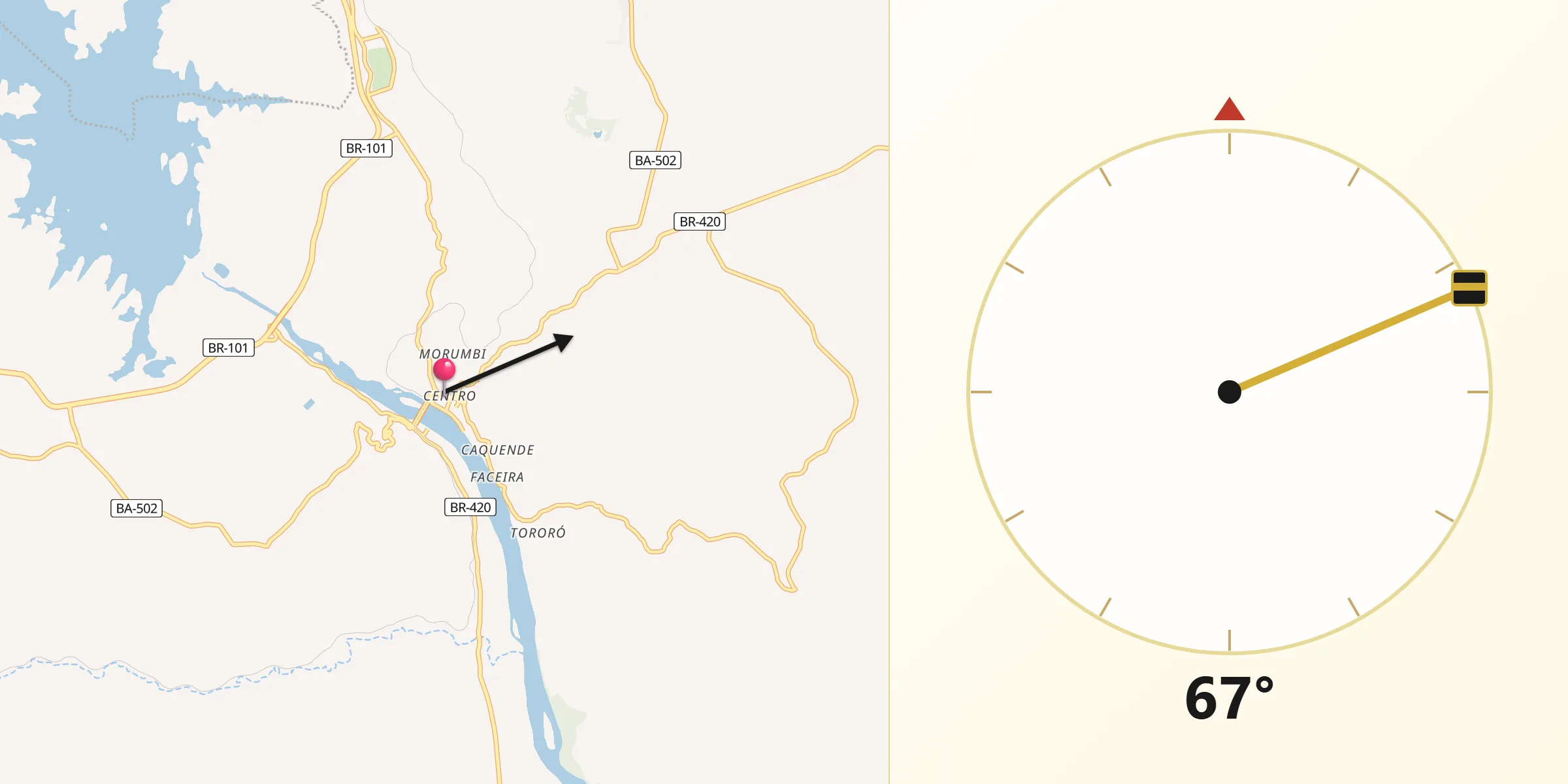 Direção da Qibla a partir de Cachoeira