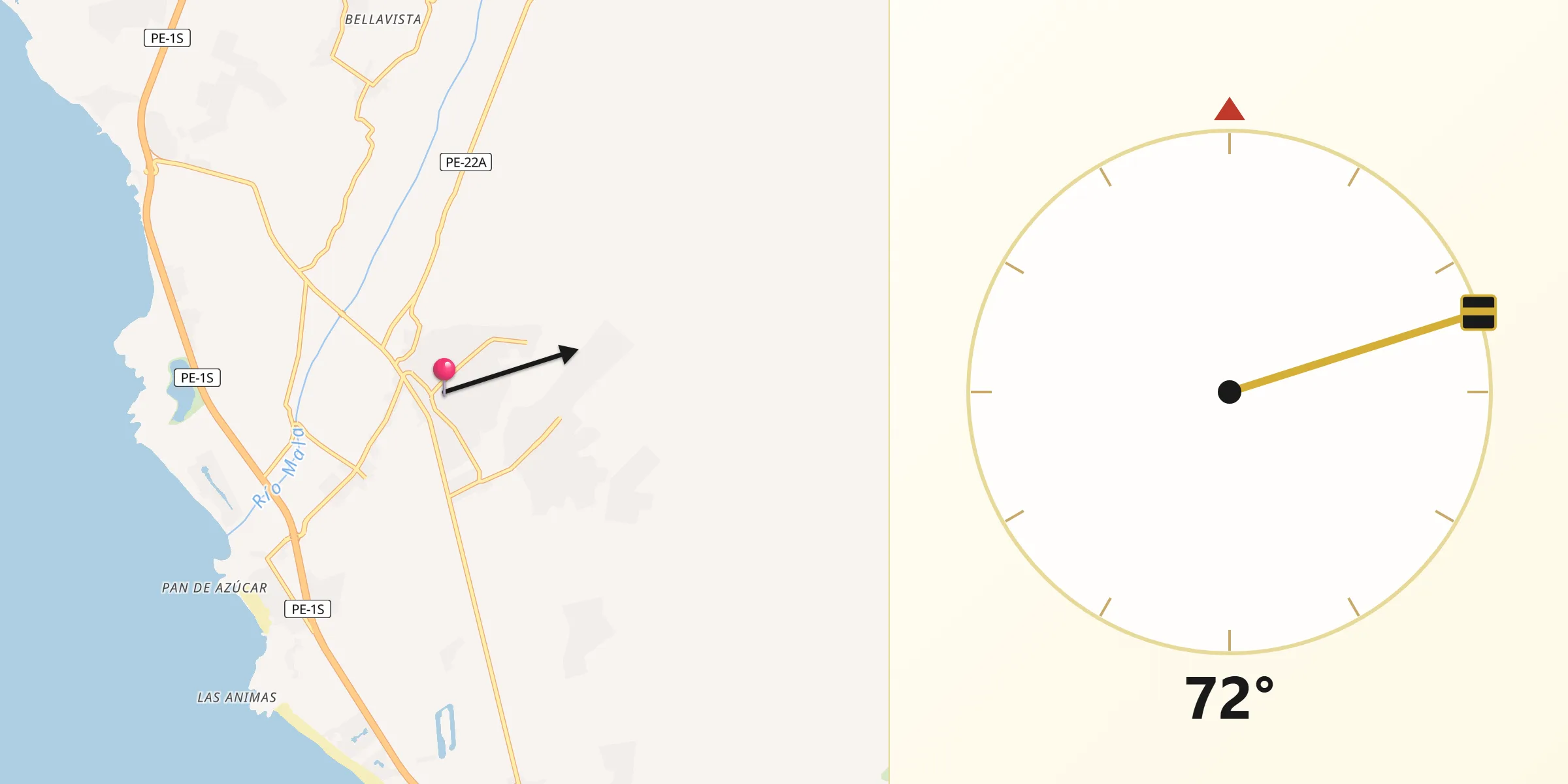 Dirección de la Qibla desde Mala