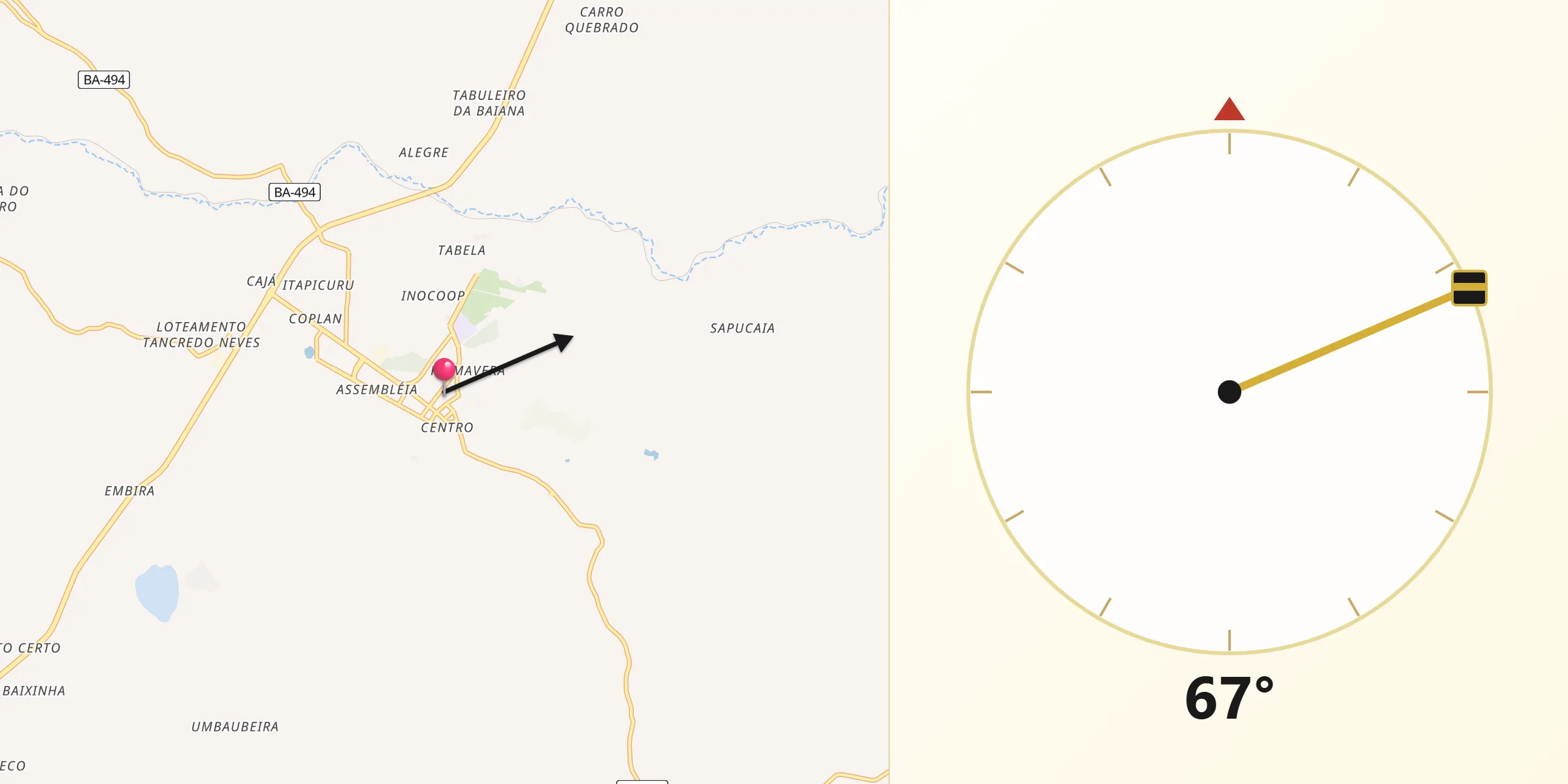 Direção da Qibla a partir de Cruz das Almas