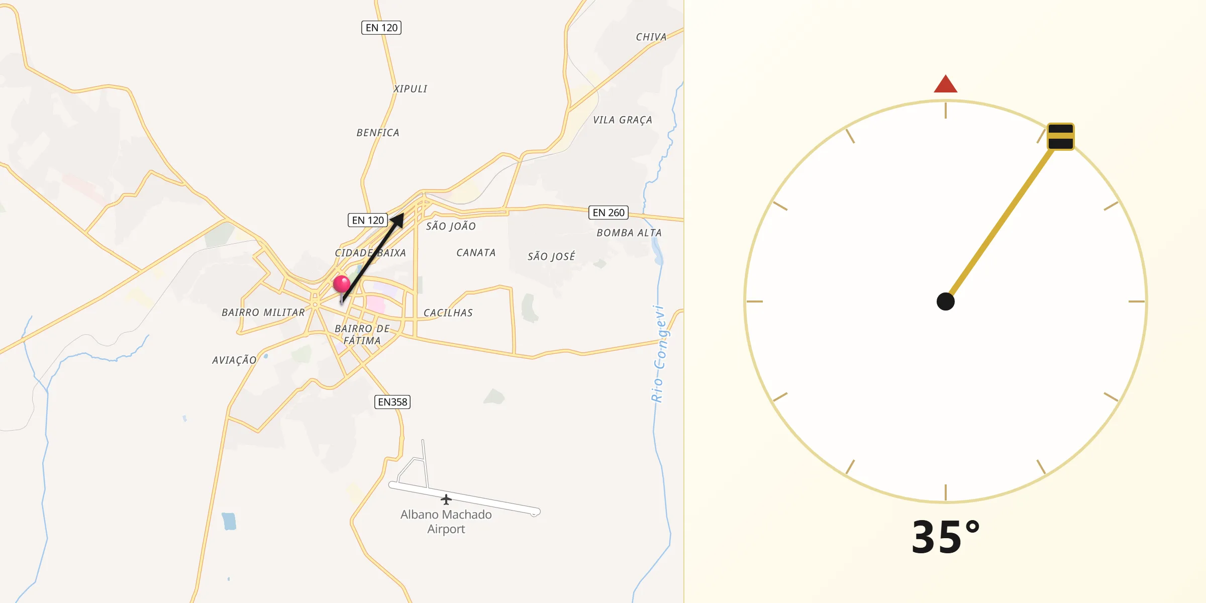 Direção da Qibla a partir de Huambo