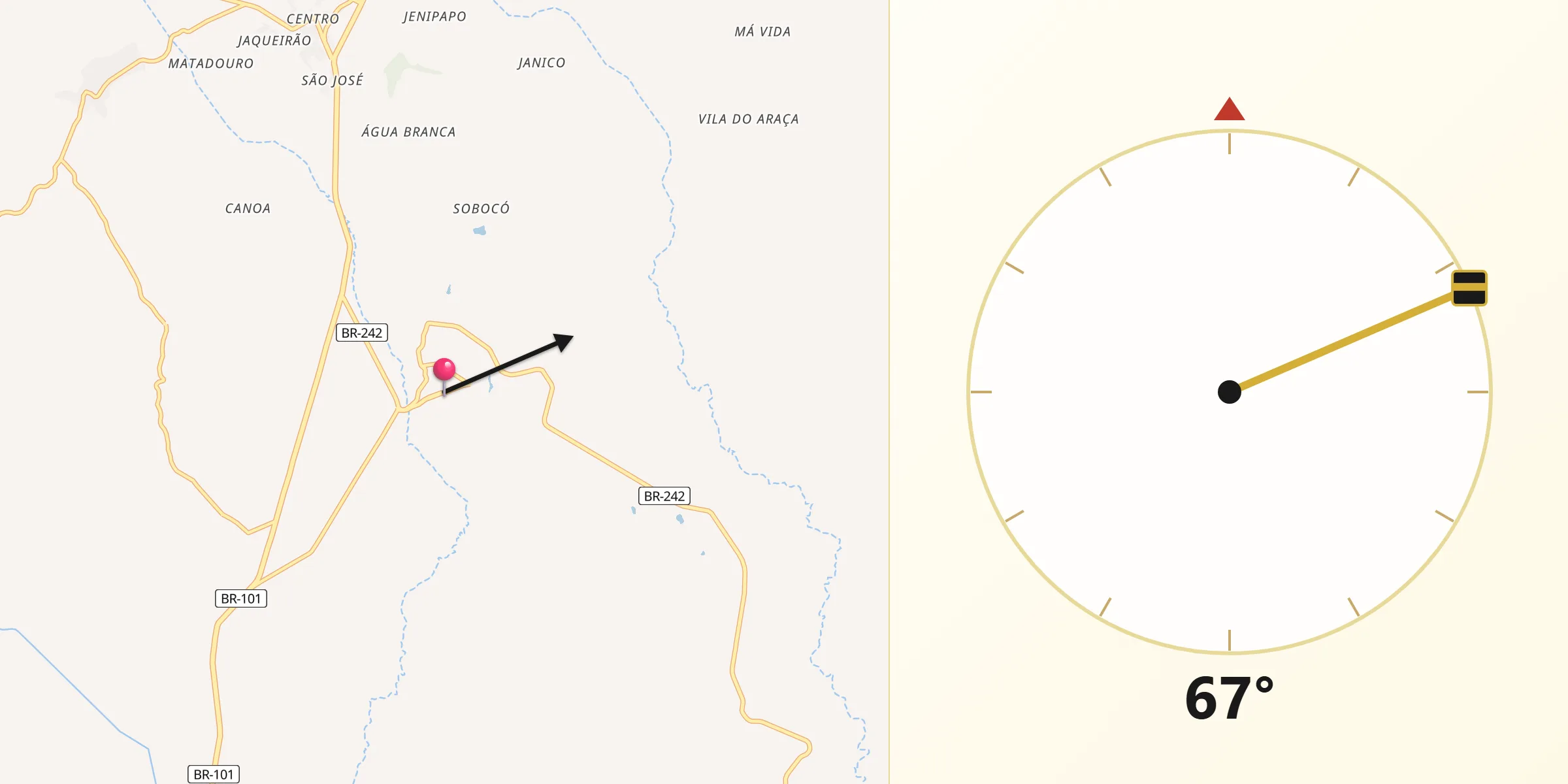 Direção da Qibla a partir de Conceição do Almeida