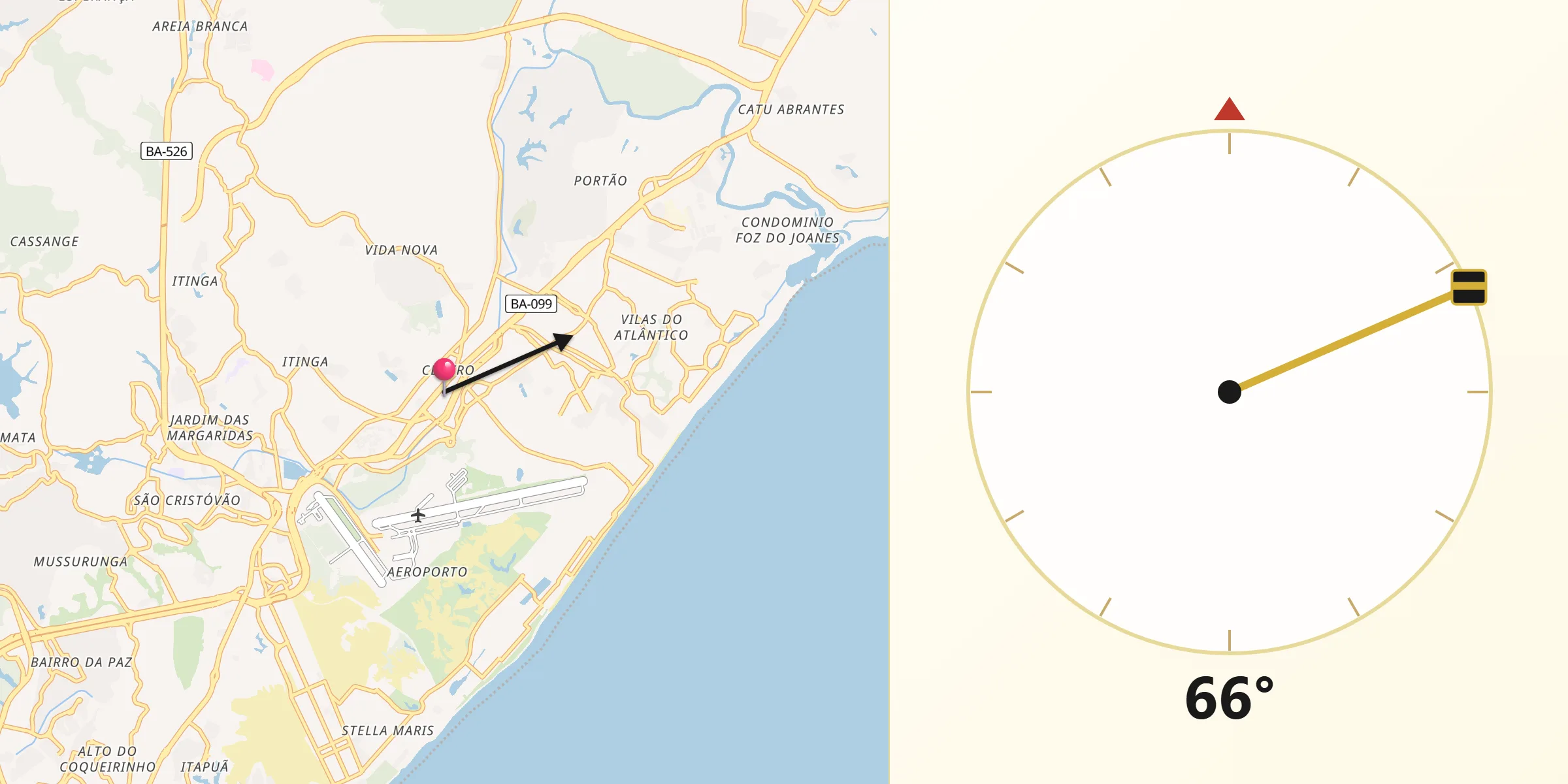 Direção da Qibla a partir de Lauro de Freitas