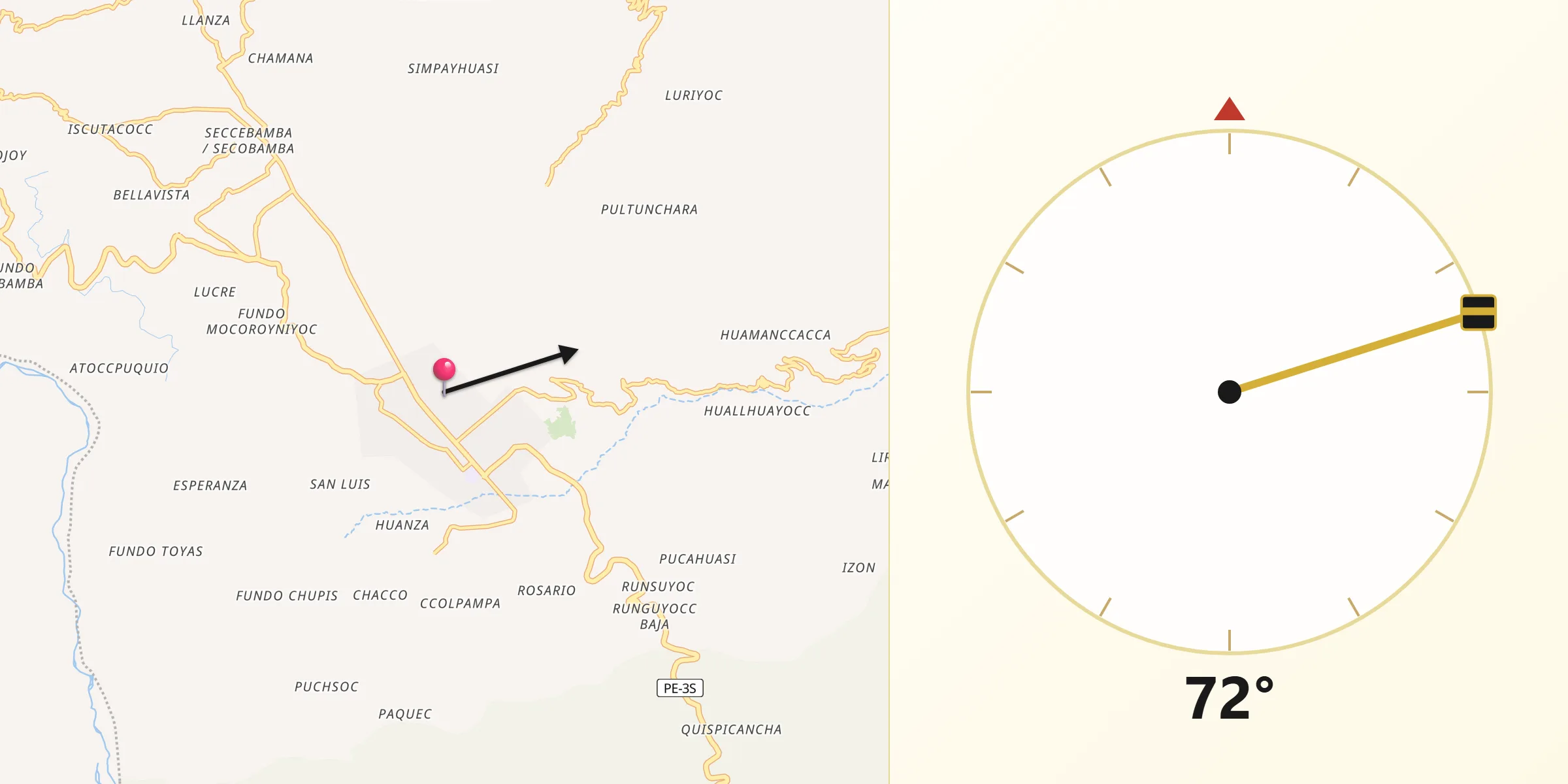 Dirección de la Qibla desde Huanta