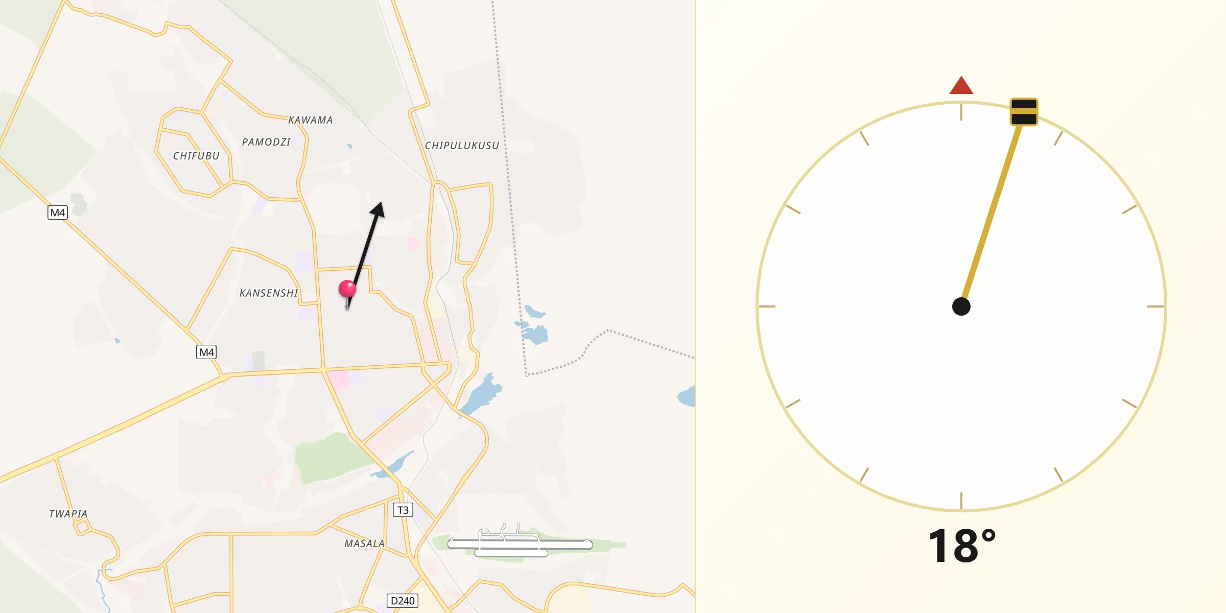 Qibla Direction from Ndola