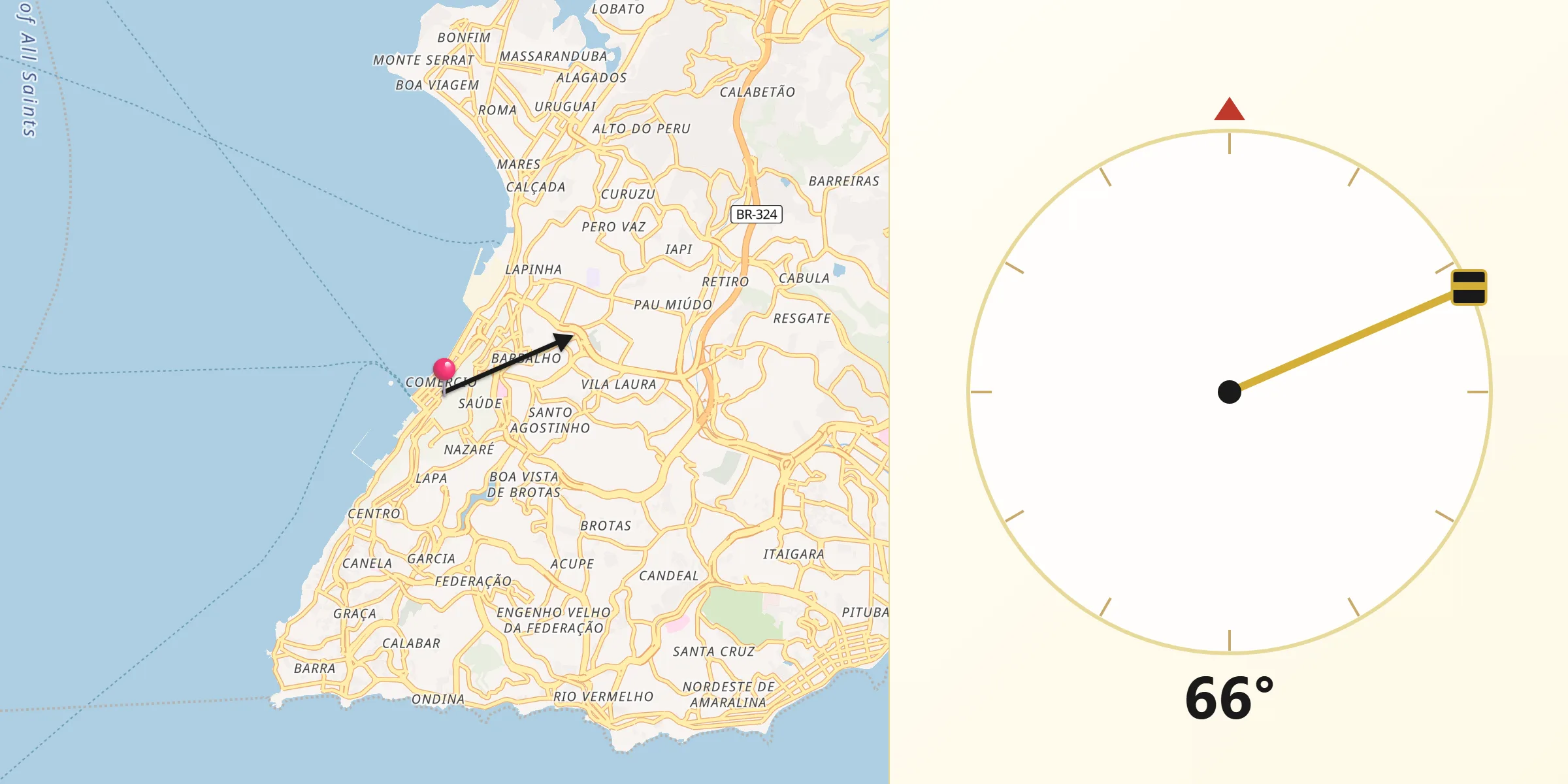 Direção da Qibla a partir de Salvador
