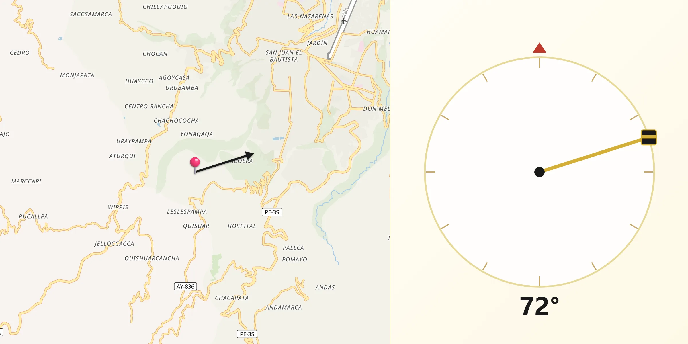 Dirección de la Qibla desde Provincia de Huamanga