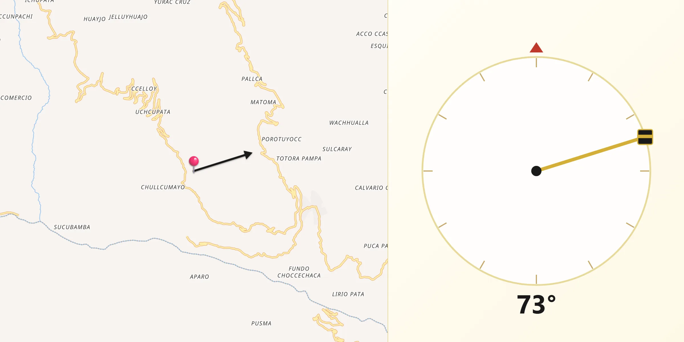 Dirección de la Qibla desde Provincia de Cangallo