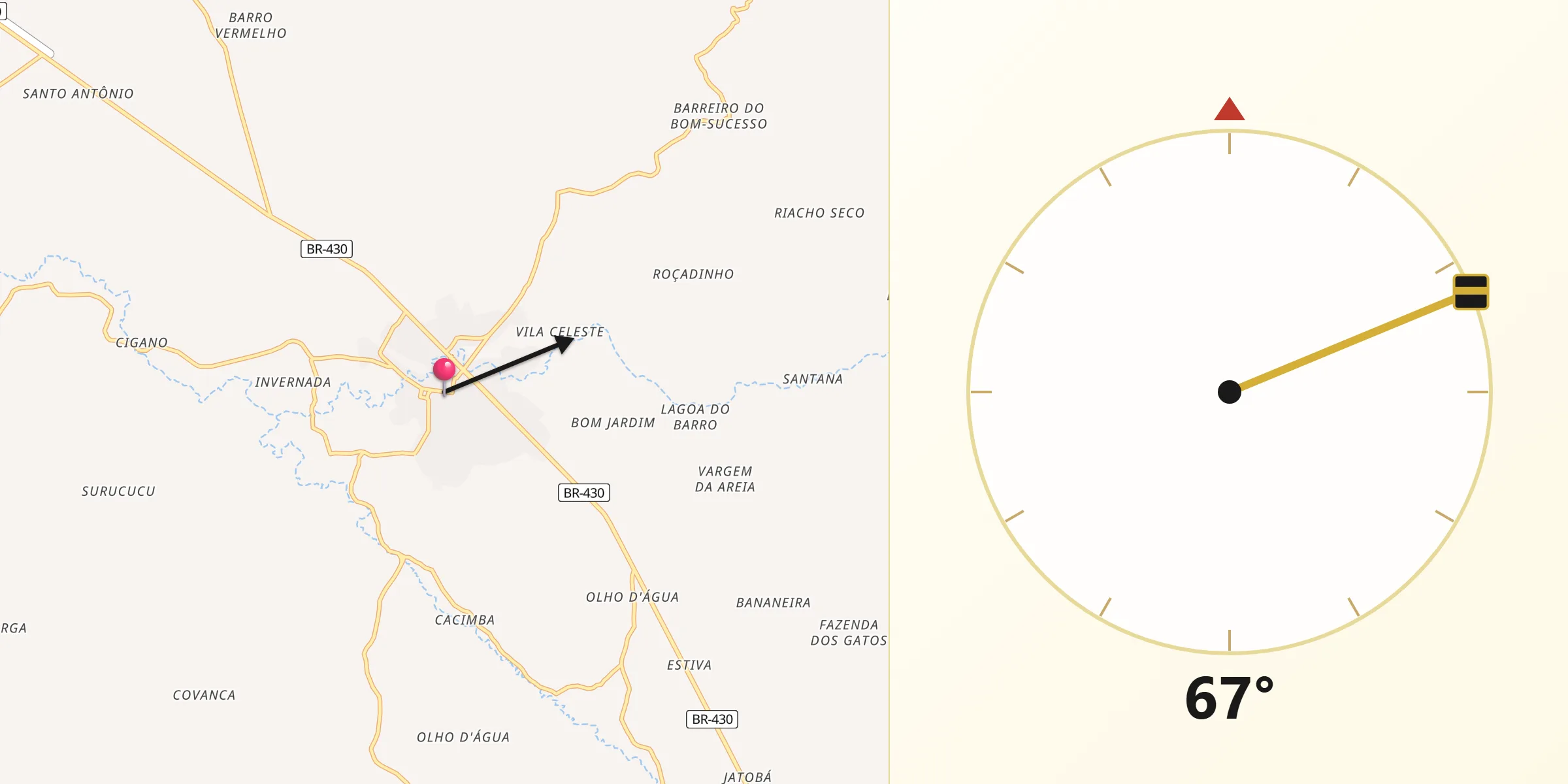 Direção da Qibla a partir de Riacho de Santana