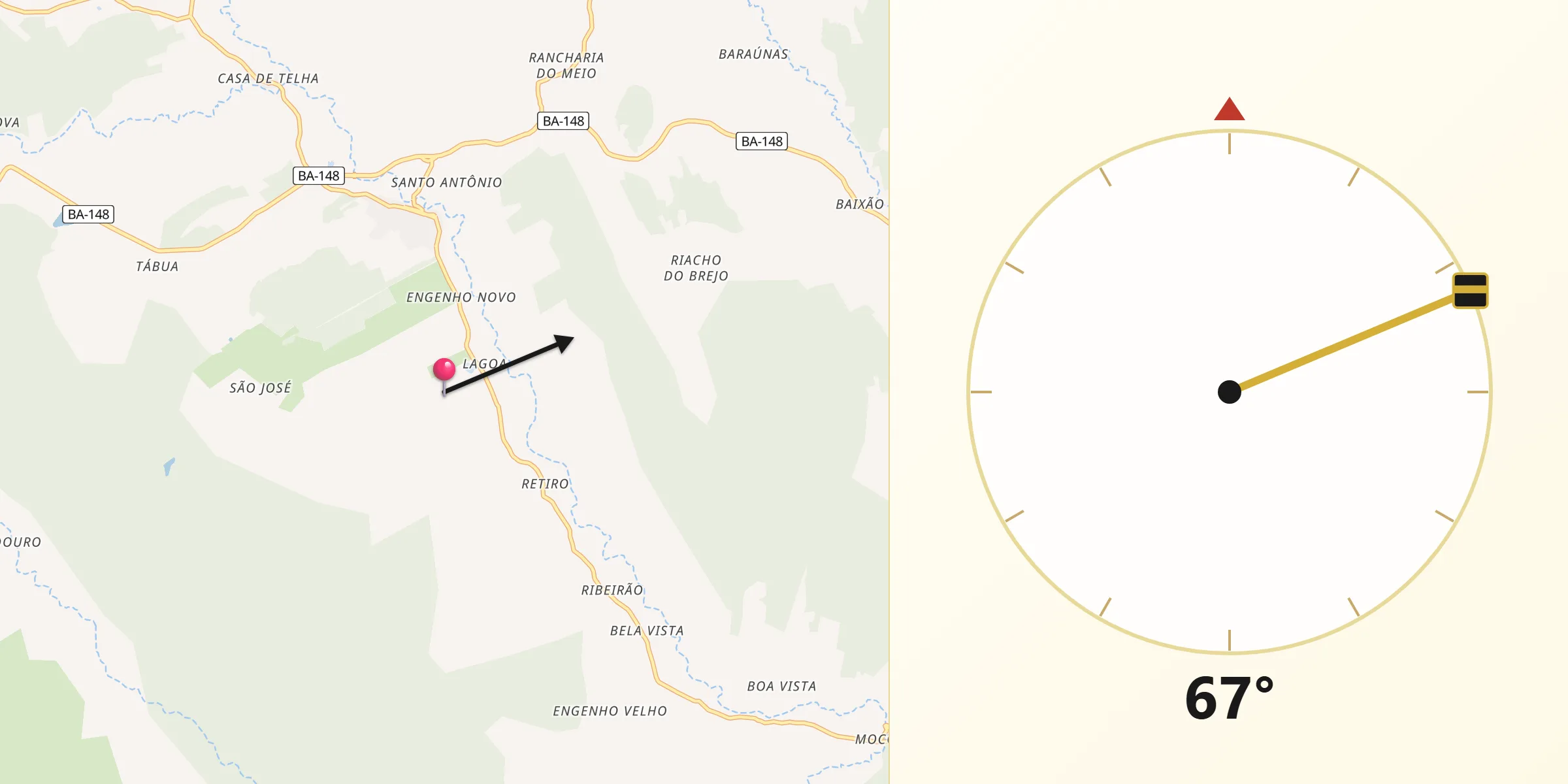 Direção da Qibla a partir de Rio de Contas